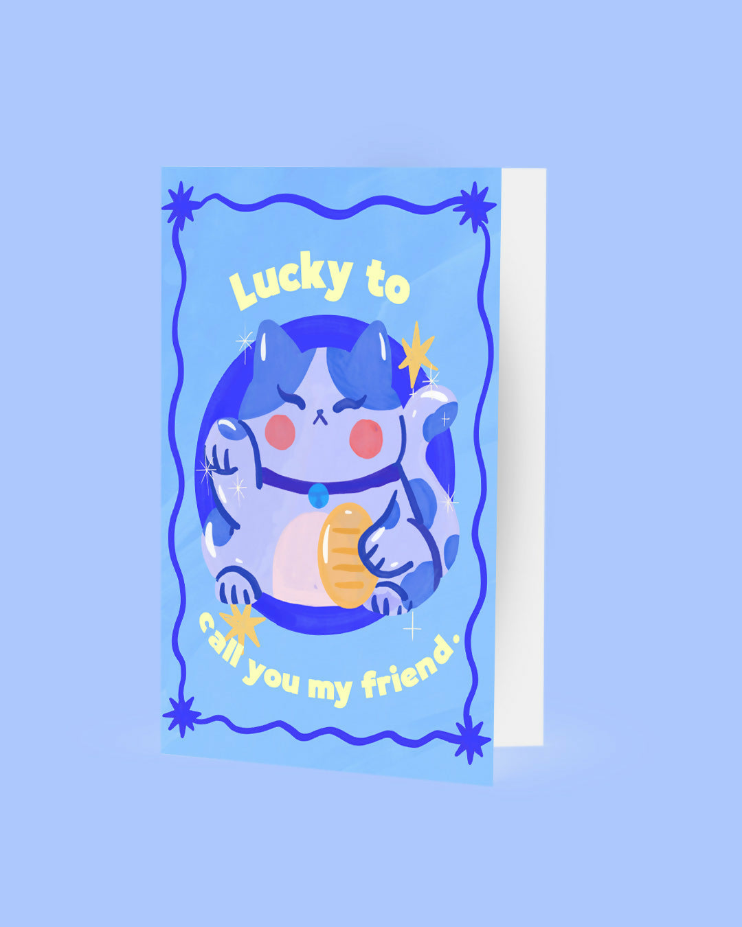 Blue Lucky Cat "Lucky To Call You My Friend" Greetings Card
