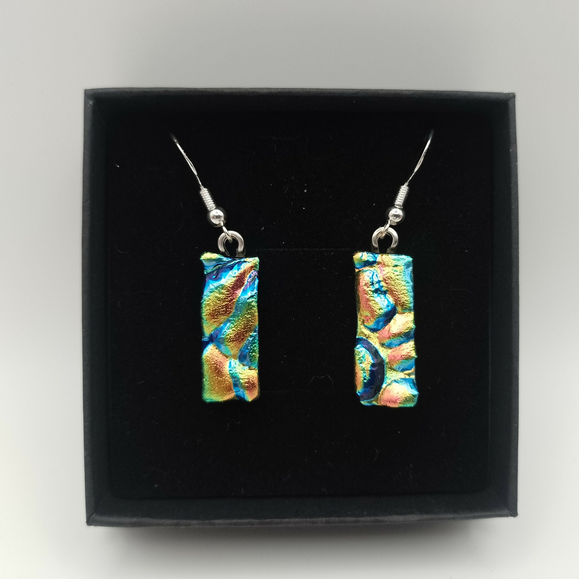 Gold, Green and Blue Textured Dichroic Earrings
