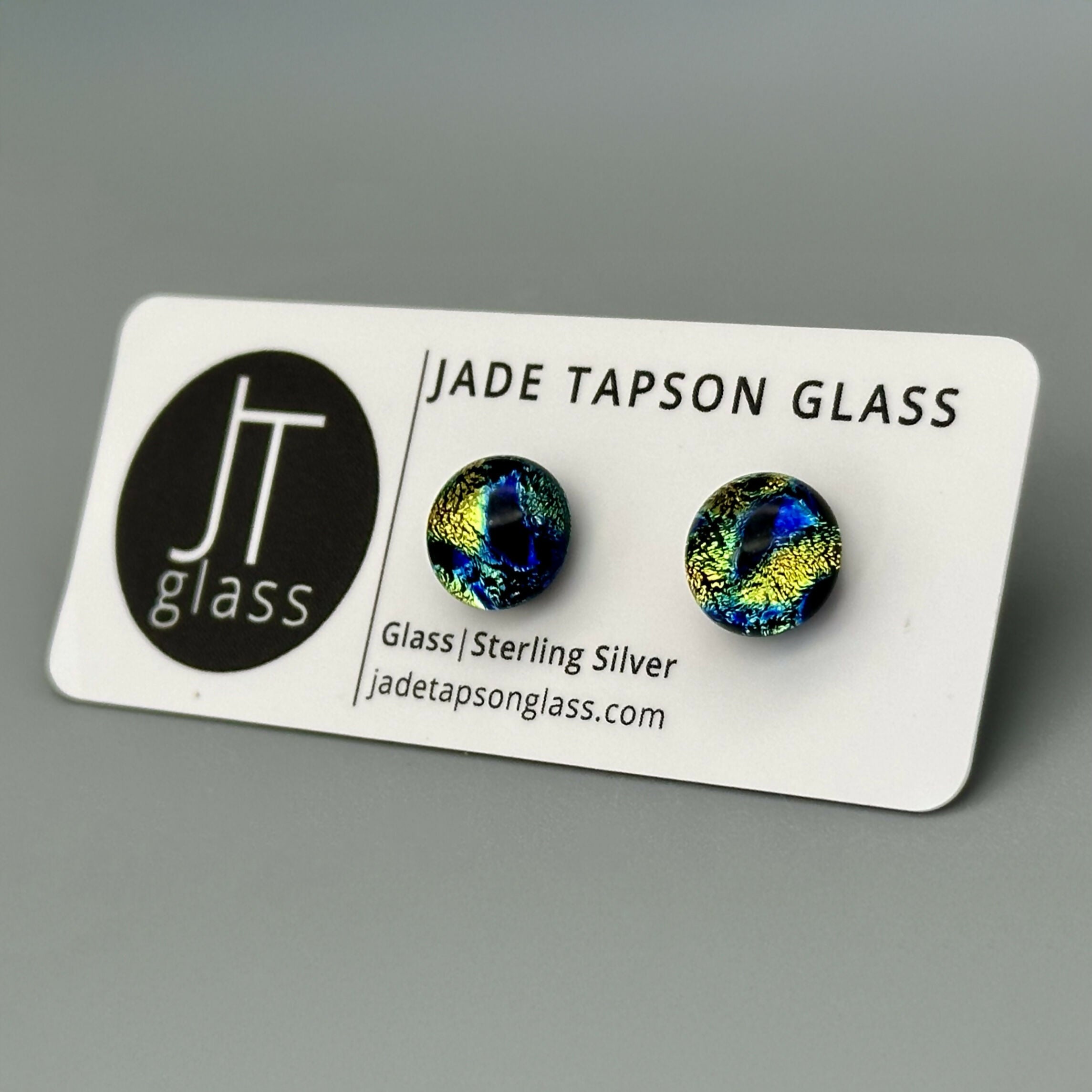 Green & Blue Raindrop Dichroic Fused Glass Sterling Silver Stud Earrings - Handmade by Jade Tapson Glass.