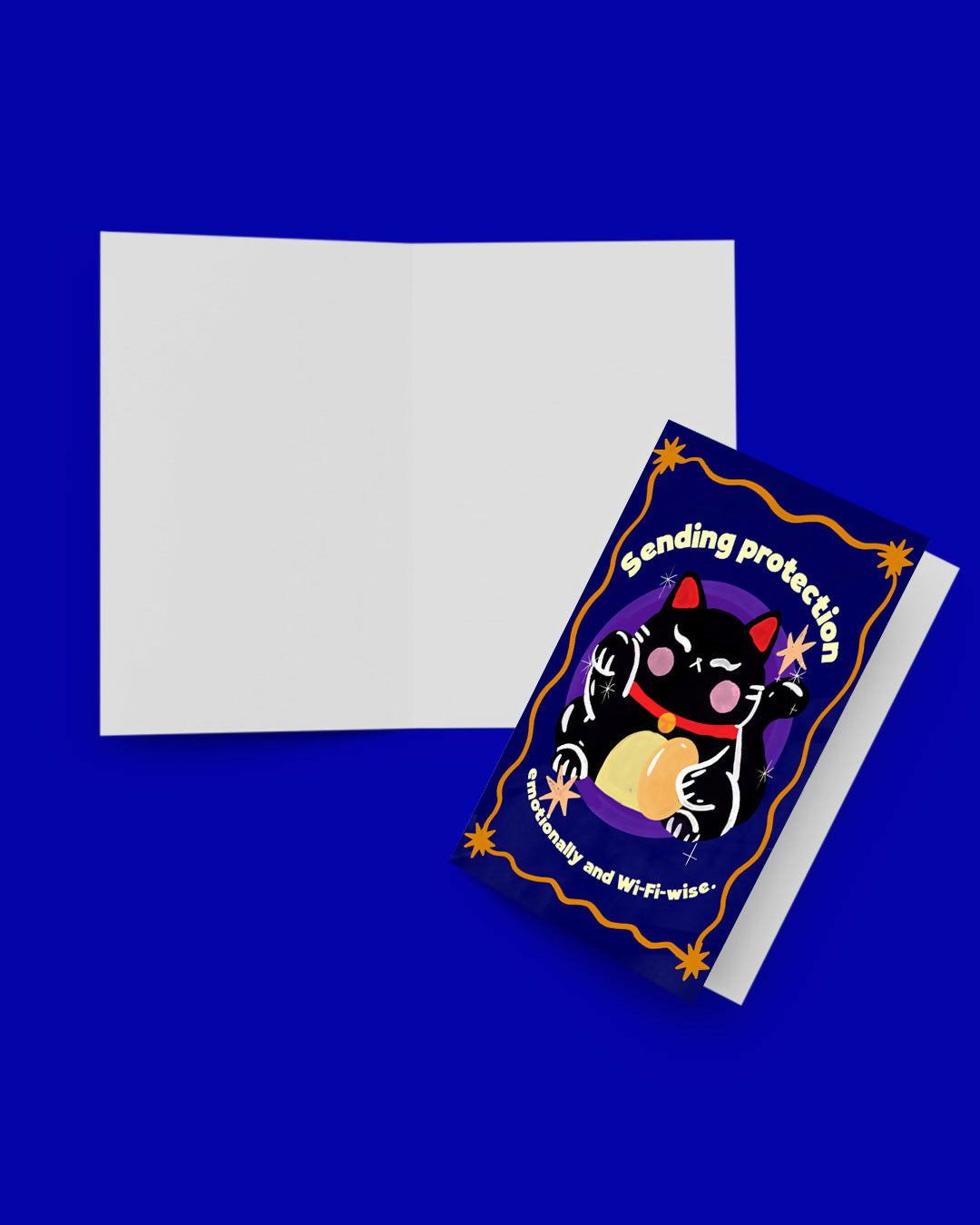 'Sending Protection emotionally and Wi-Fi-Wise" Black lucky Cat Greeting Card