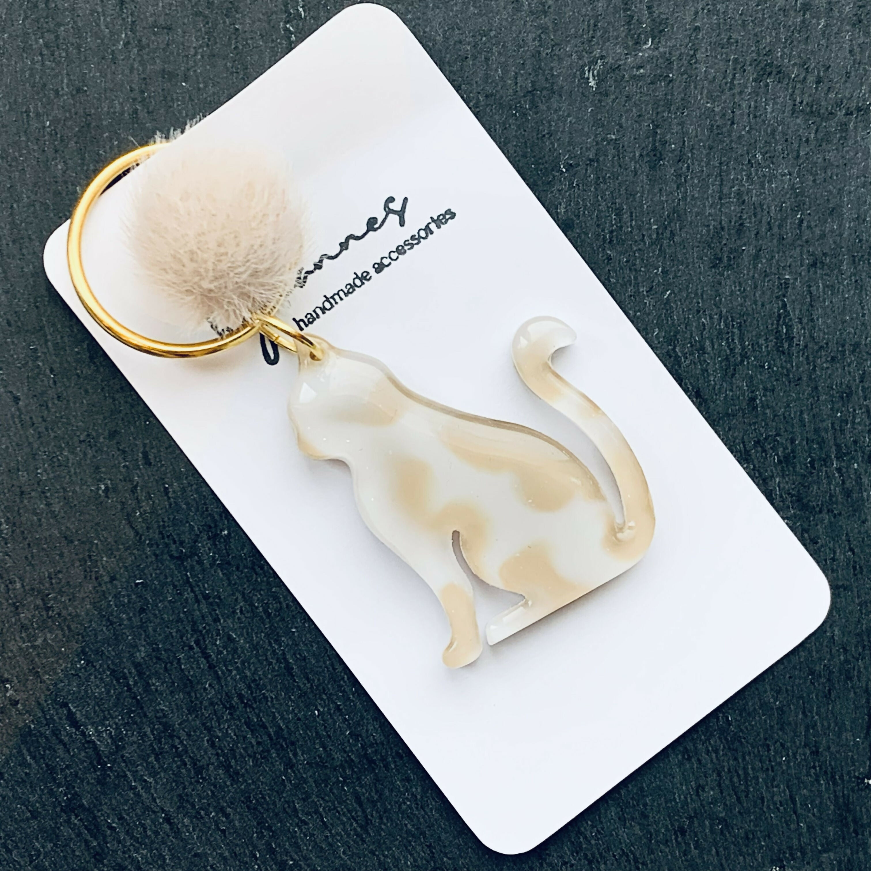 Handcrafted Resin Cat Keyring, Bag Charm with Pom Pom