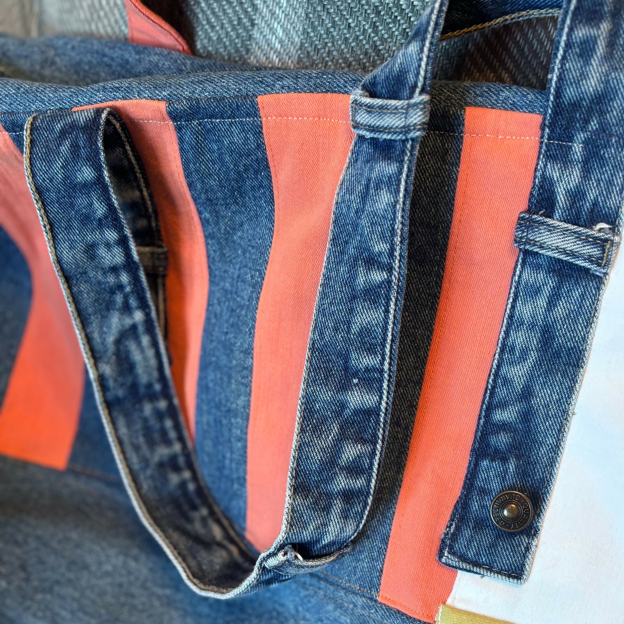 Unique Handcrafted Striped Denim Large Tote Bag Handbag Made From Upcycled Jeans