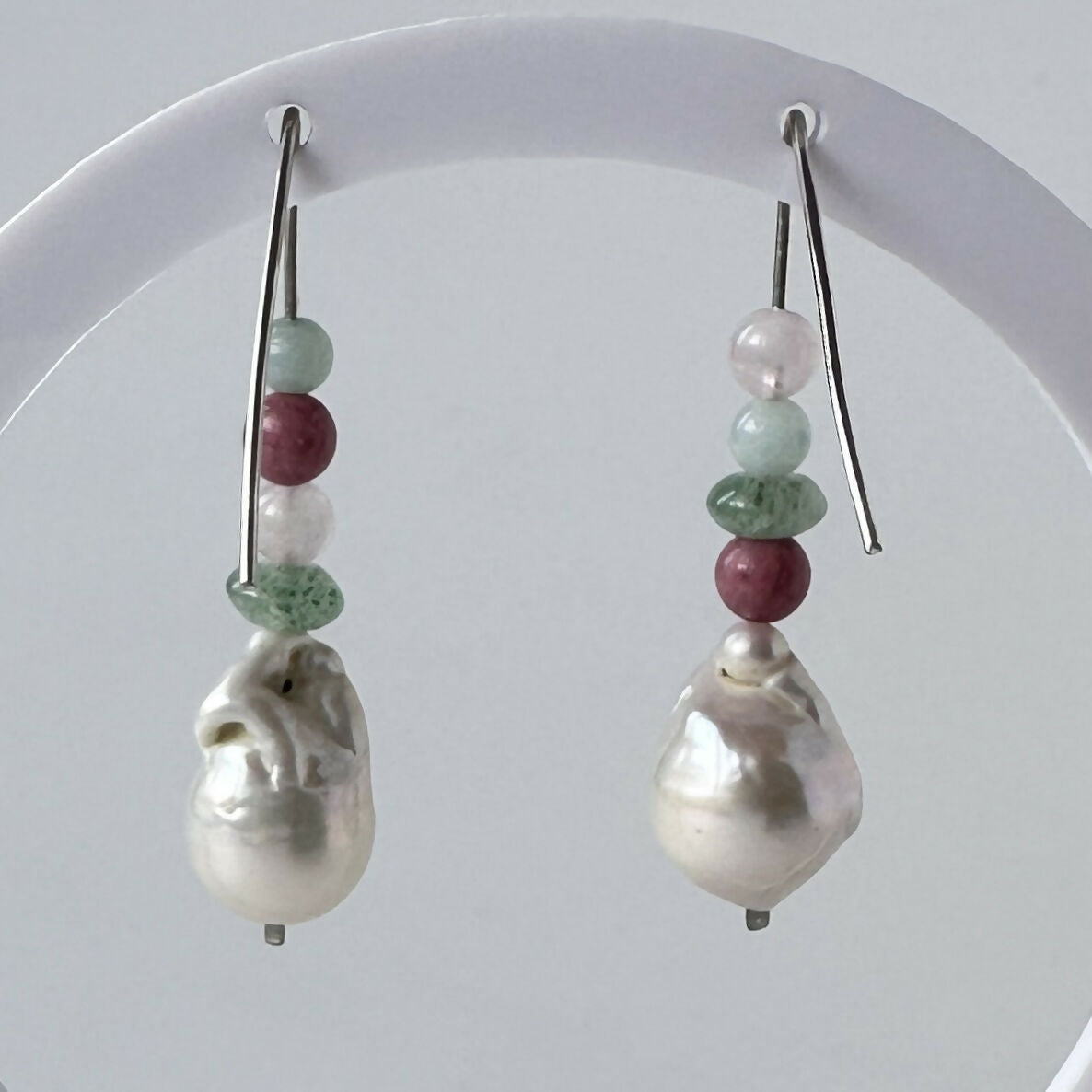 HEALING CRYSTAL & STERLING SILVER HEART CHAKRA EARRINGS WITH BAROQUE PEARLS