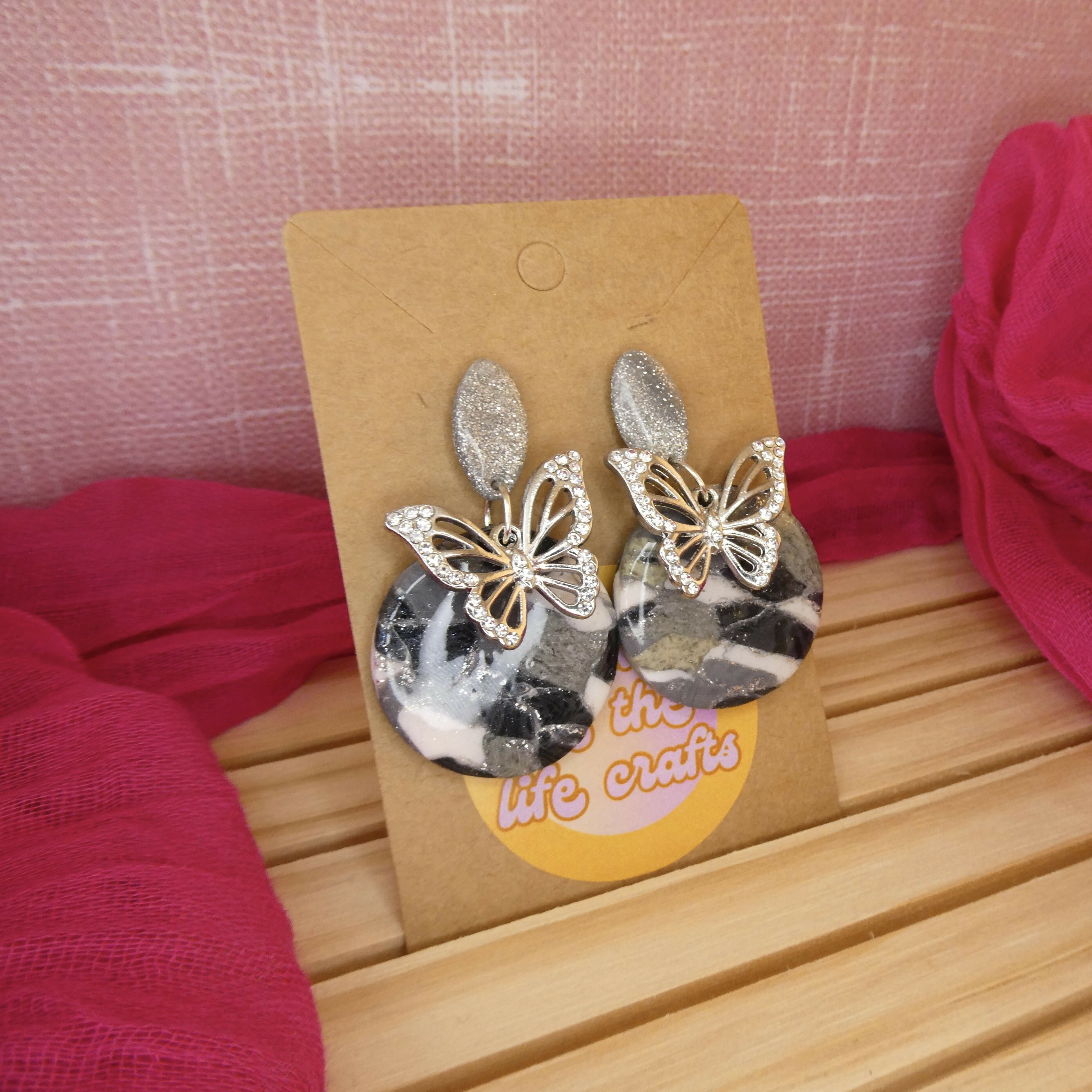 Grey Mosaic Polymer Clay Earrings With Butterfly Charm