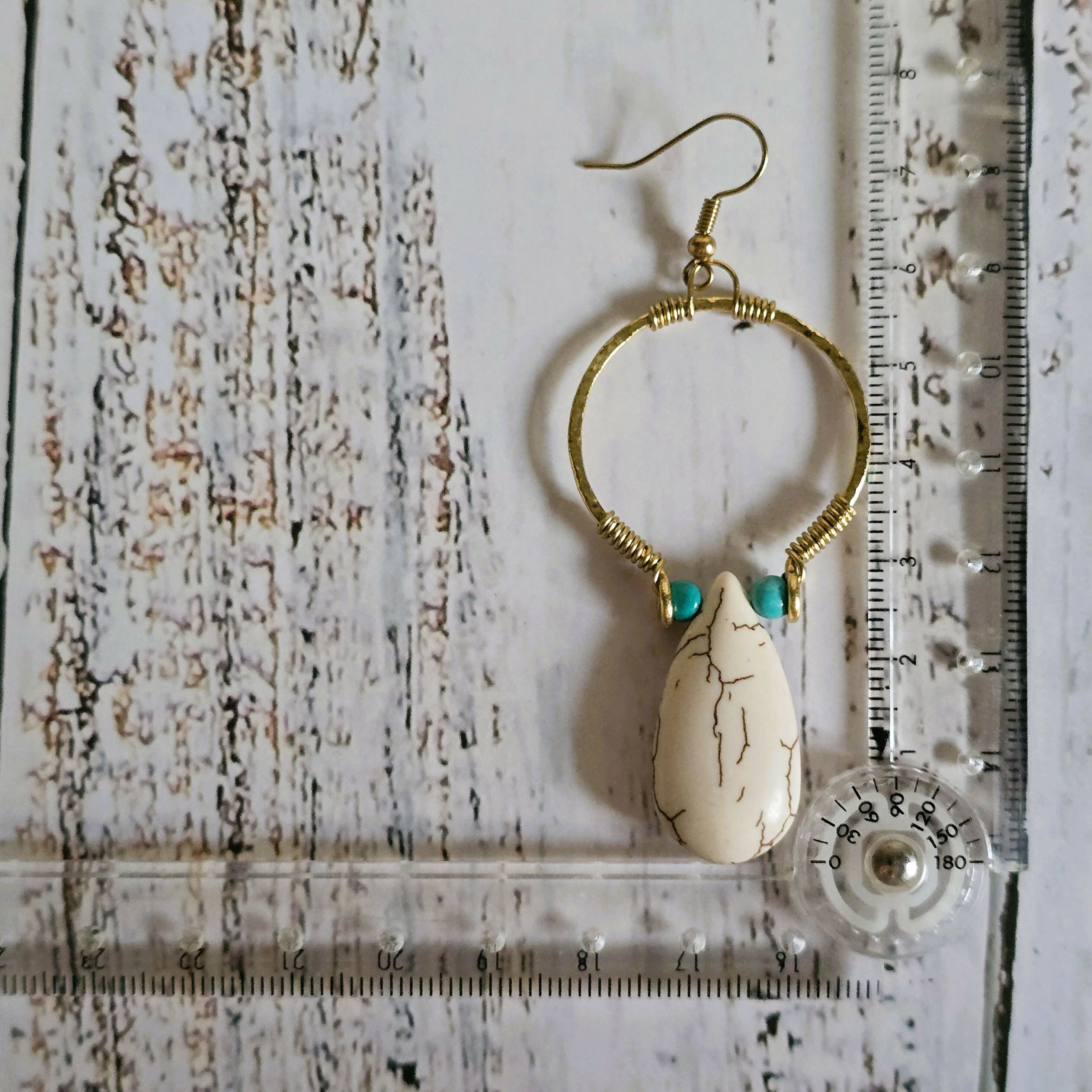 White Howlite Hoop Earrings; Hammered Brass Wire Boho Crystal Turquoise Thai Earrings