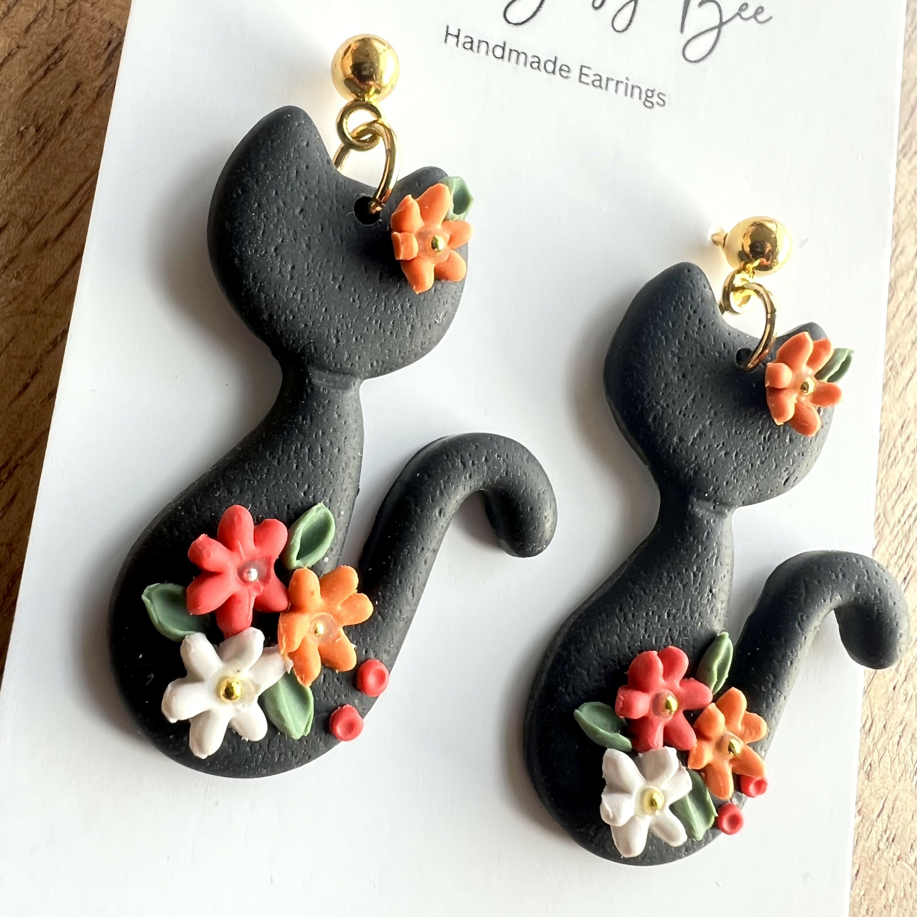 Polymer Clay Floral Cats Earrings / Handmade Cute Animal Dangles