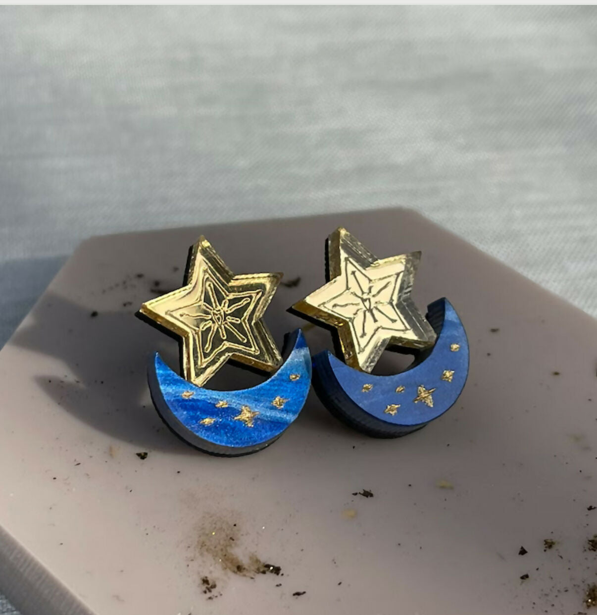 Celestial, Engraved, Moon And Star Stud