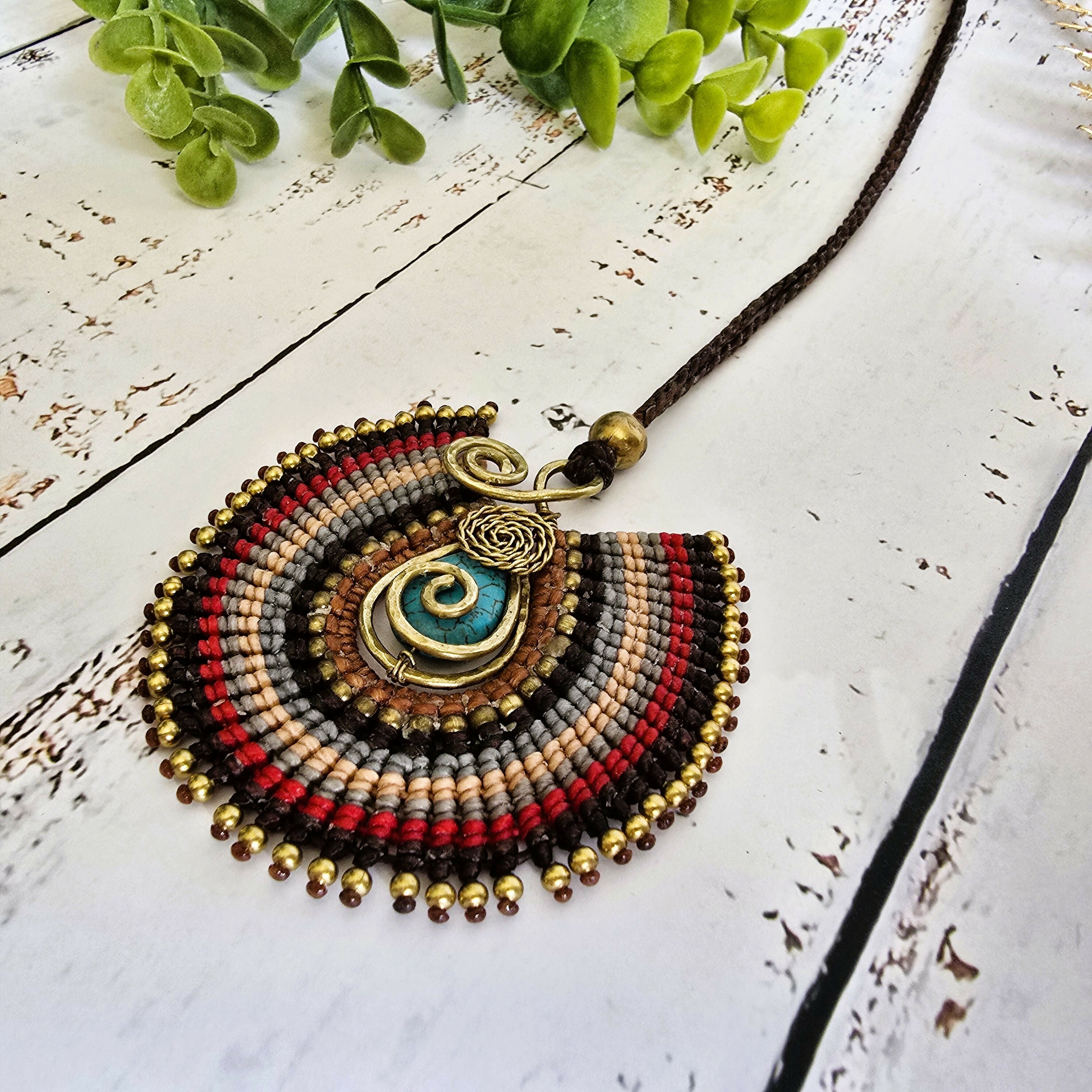 Turquoise Crystal Macramé Necklace; Regal Oval Bohemian Pendant with Gold Spiral Wire-Art