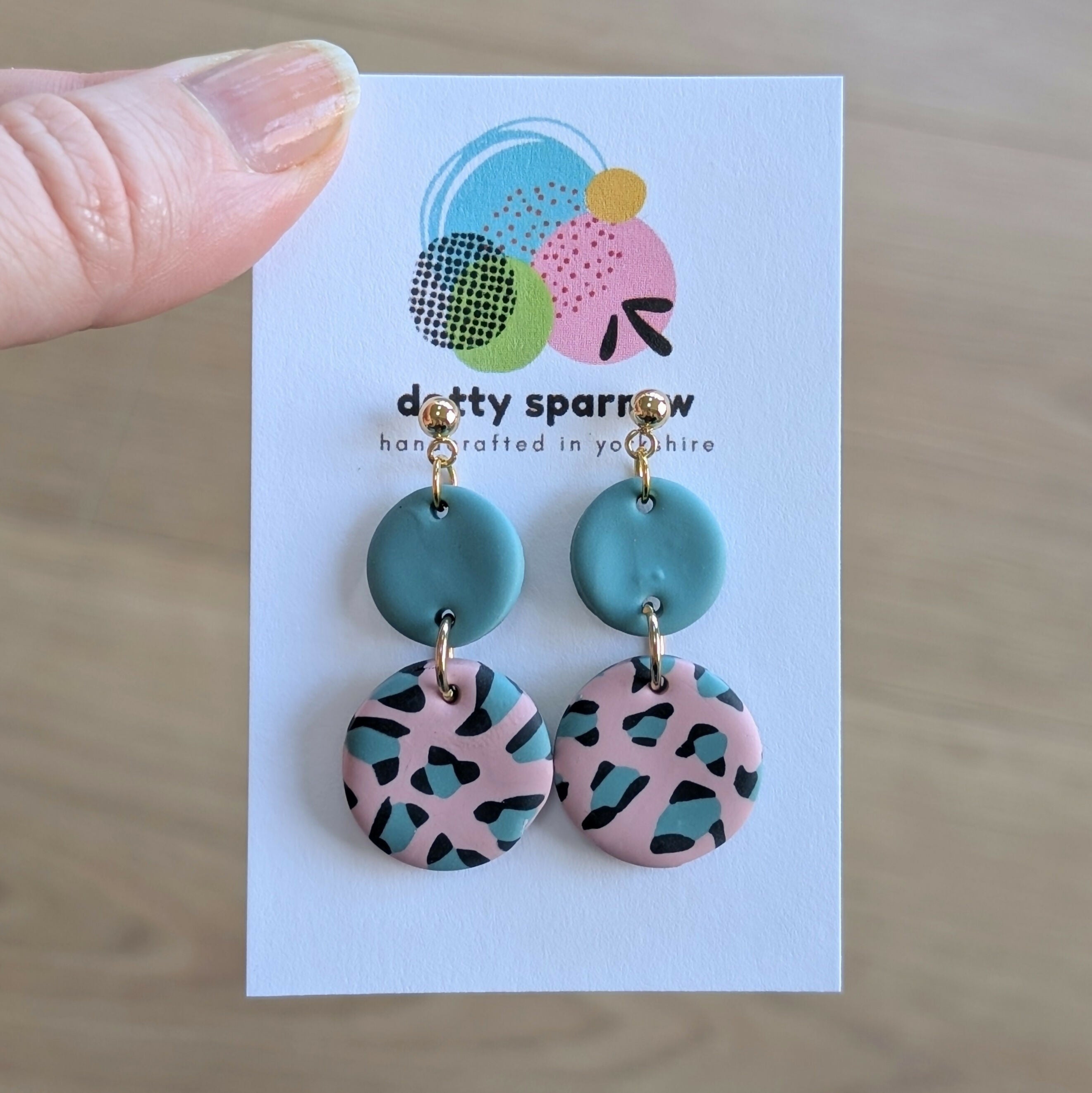 Pink & Green Leopard Drop Dangle Handmade Polymer Clay Earrings