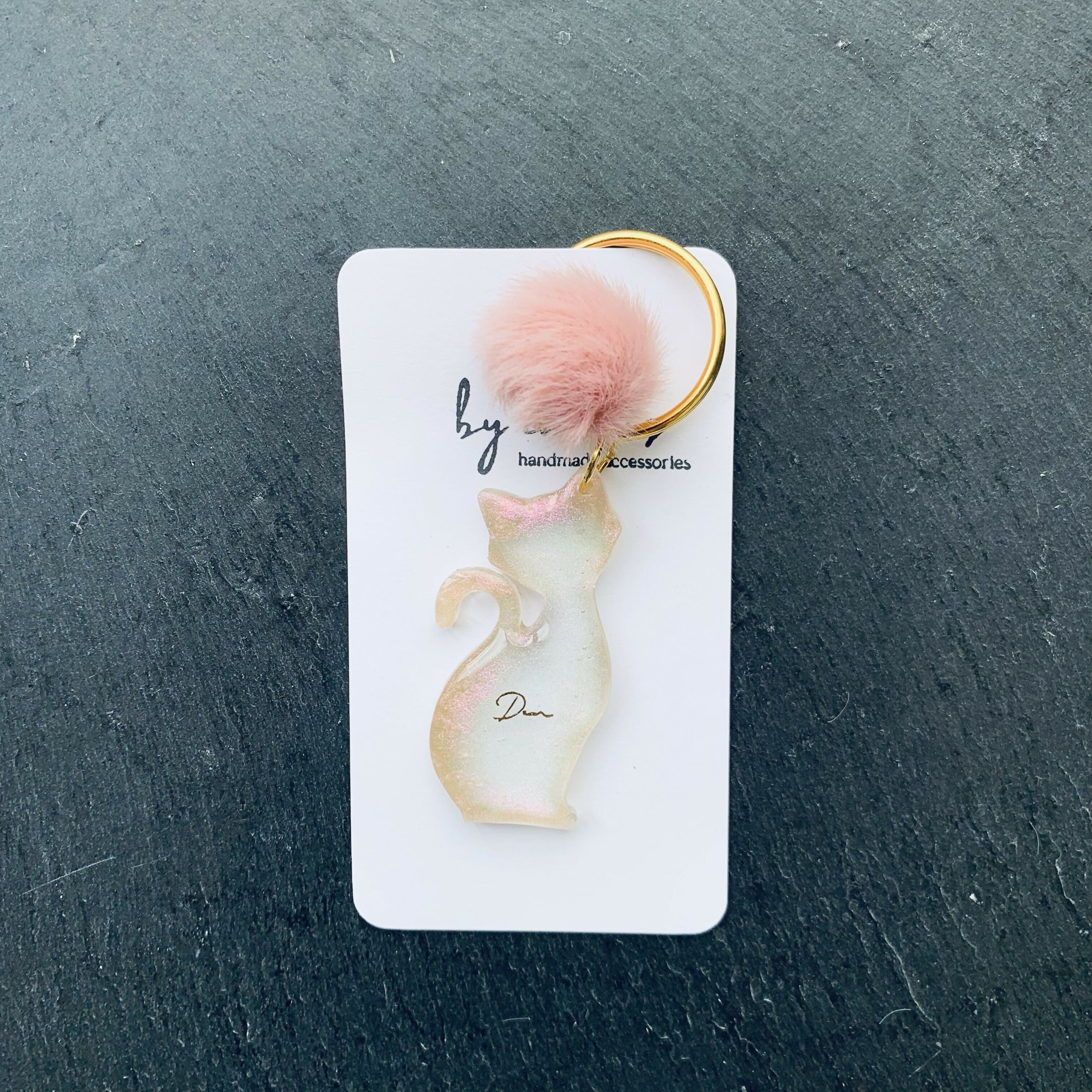 Hand Cast Vibrant Mica Powder Resin Cat Keyring, Bag Charm with a Pom Pom