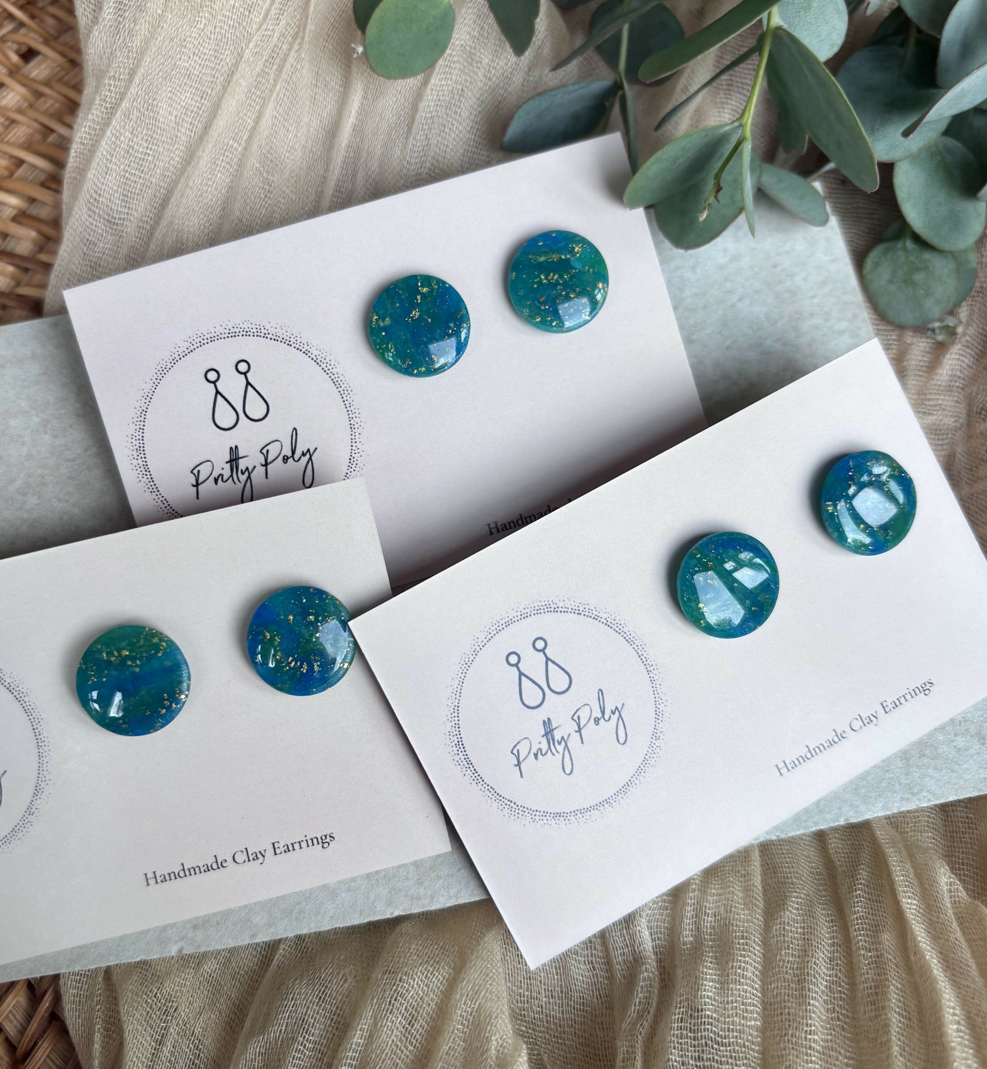 Blue and Gold Fleck Round Polymer Clay Studs