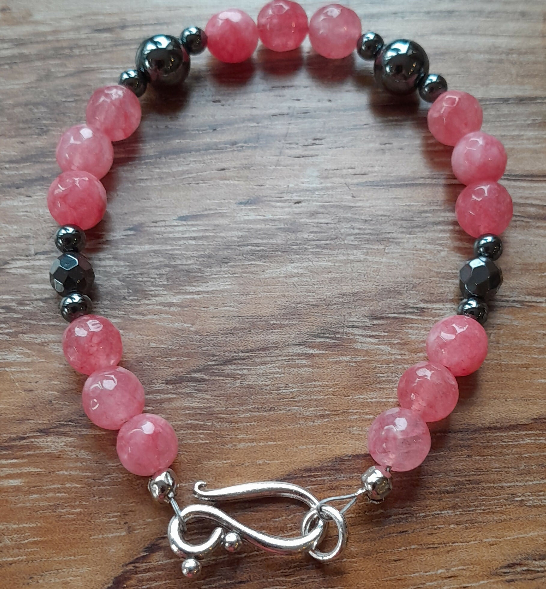 Gemstone Bracelet with Tibetan Silver Toggle Catch, Strawberry Quartz and Faceted Grey Hematite.