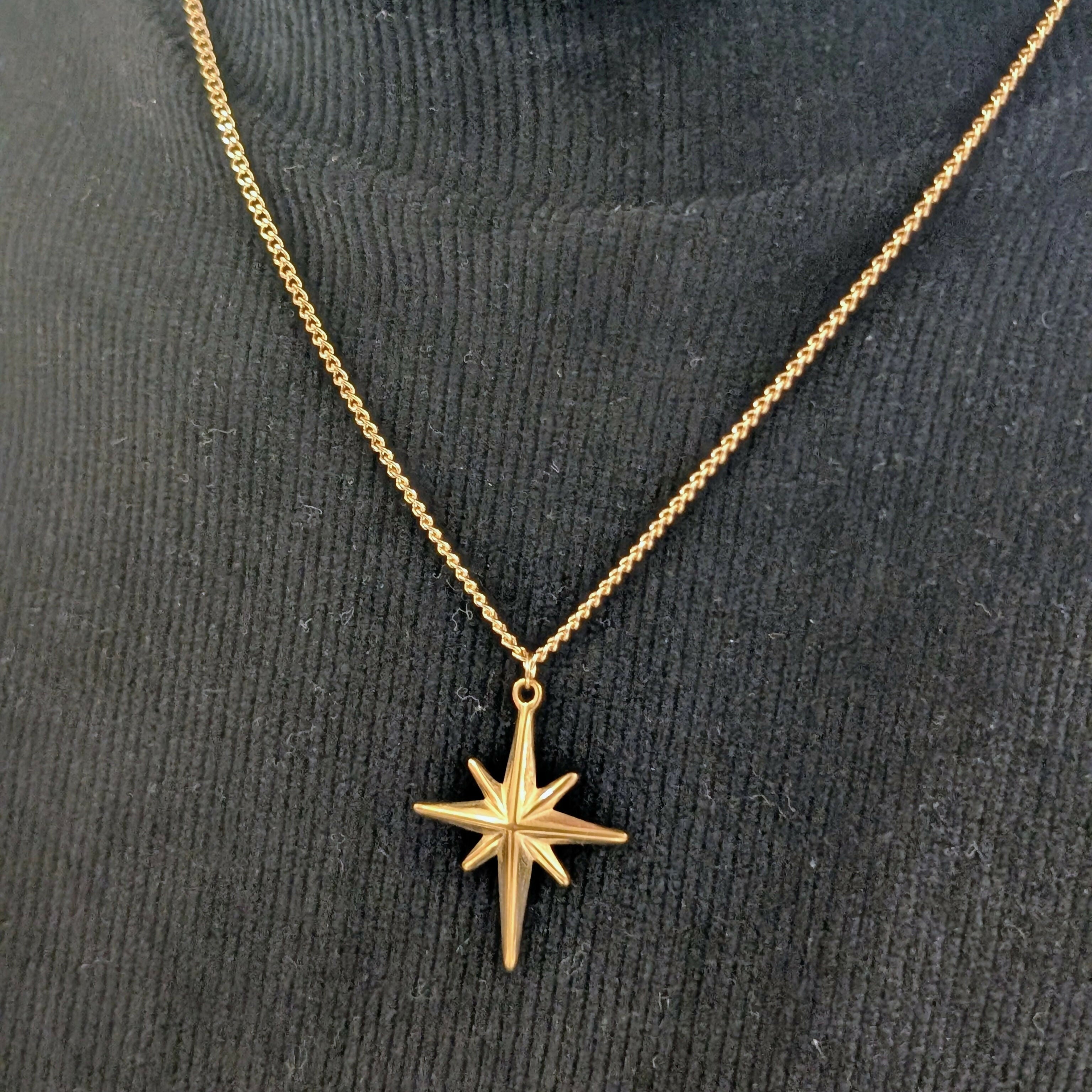 Gold North Star Necklace on Silver Plated Chain