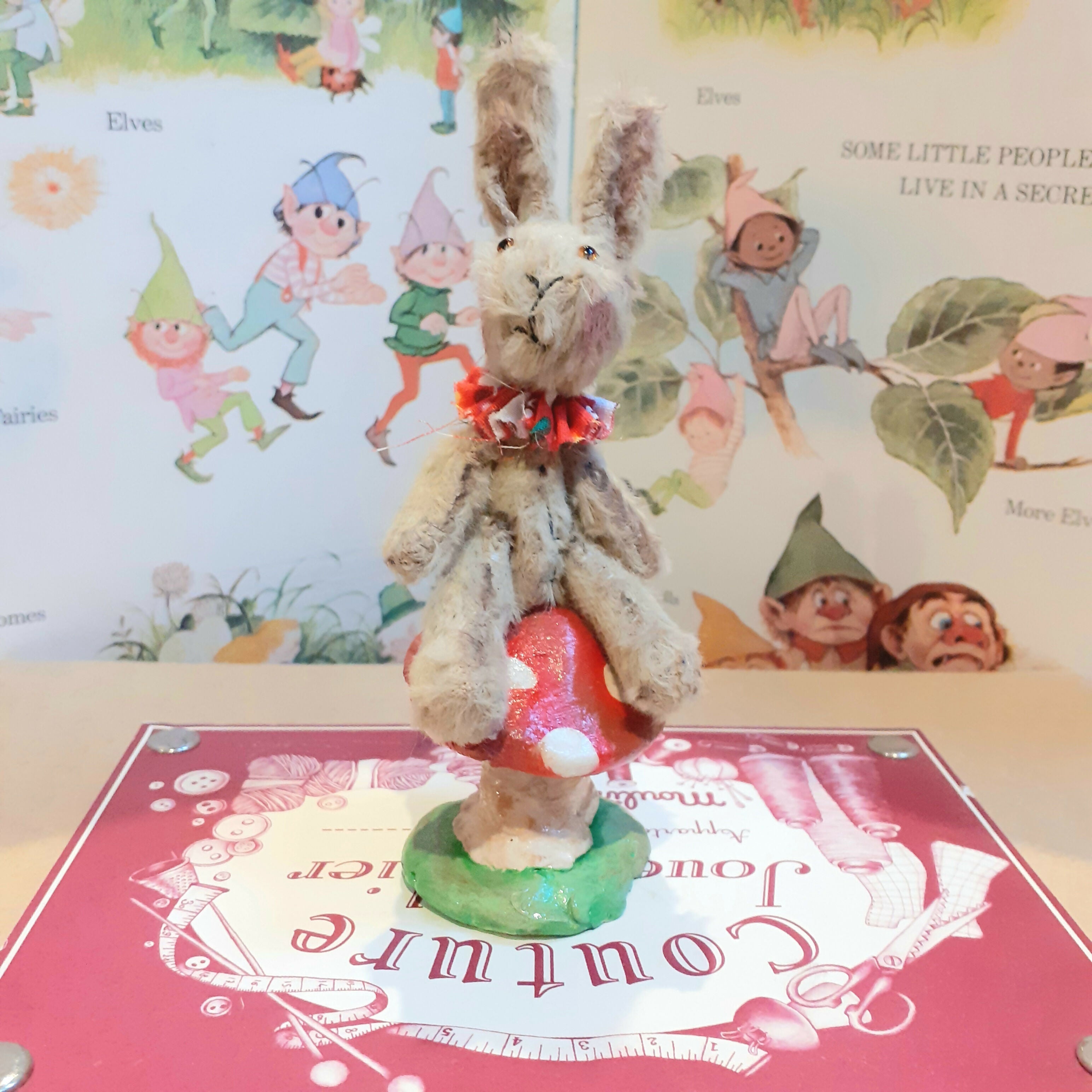 Miniature Bunny On Clay Toadstool Ornament