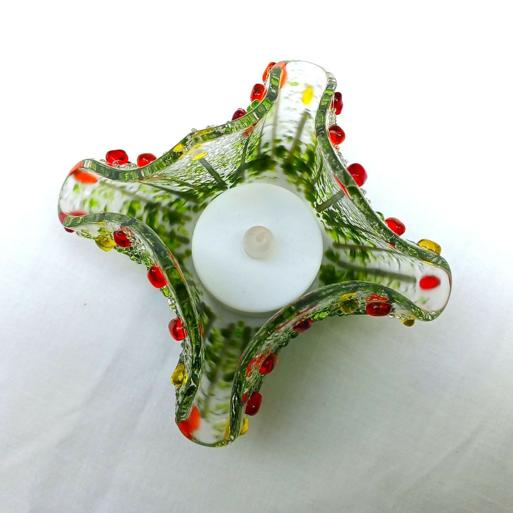 Handmade Handkerchief Tea Light Holder With Red, Orange & Yellow Flowers
