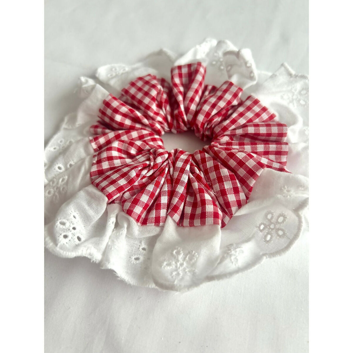 Red Gingham Oversized Ruffle Broderie Lace Hair Scrunchie