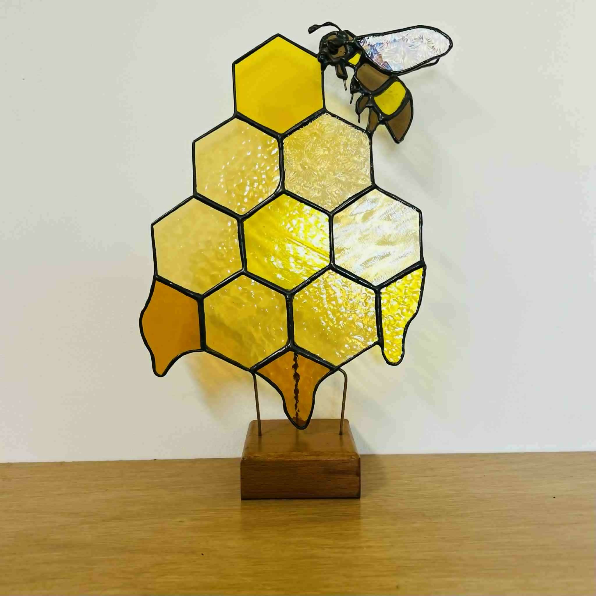 Stained Glass Bee on a Honeycomb Ornament