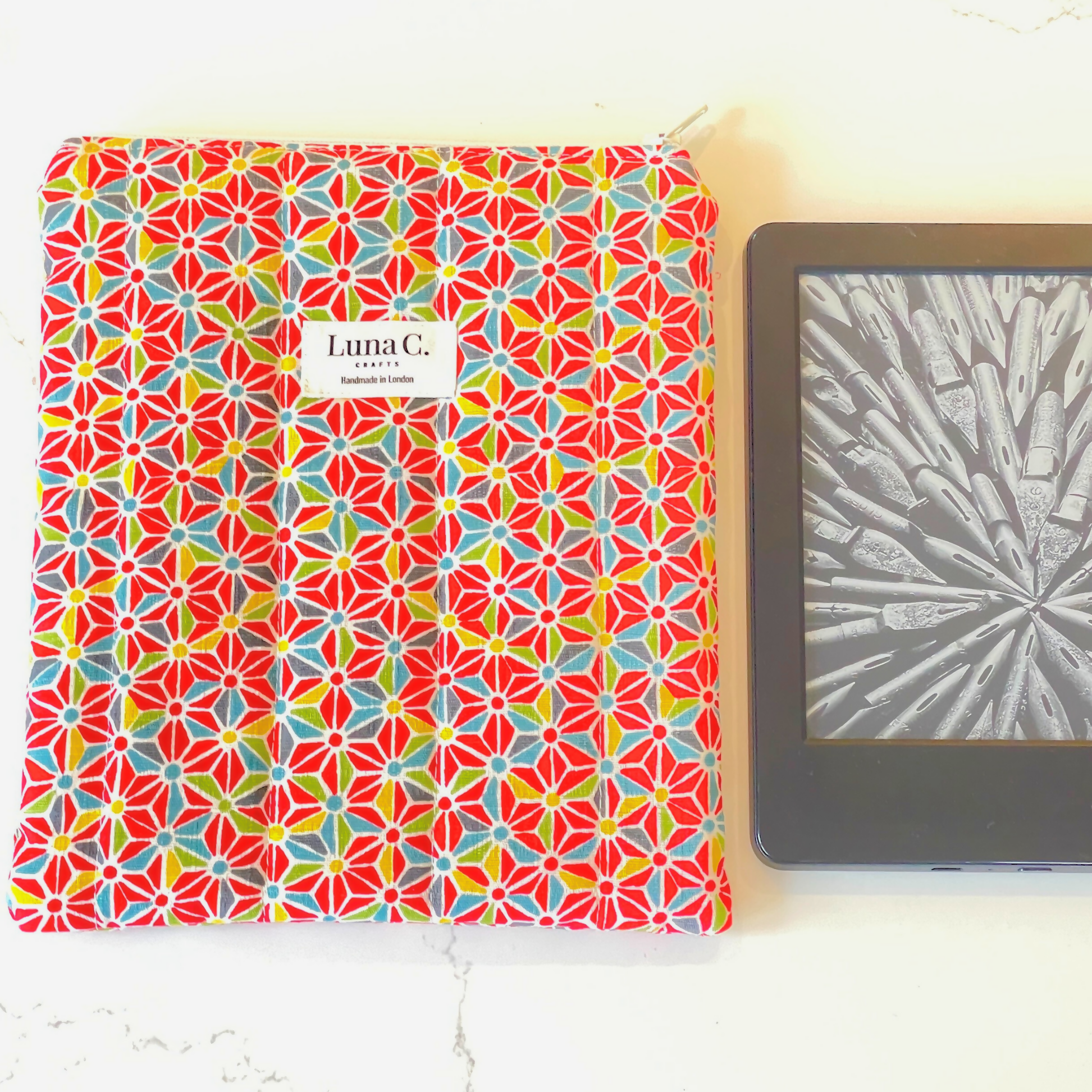 Red Asanoha Light Blue Gingham Lining Zipped Book or Kindle Sleeve