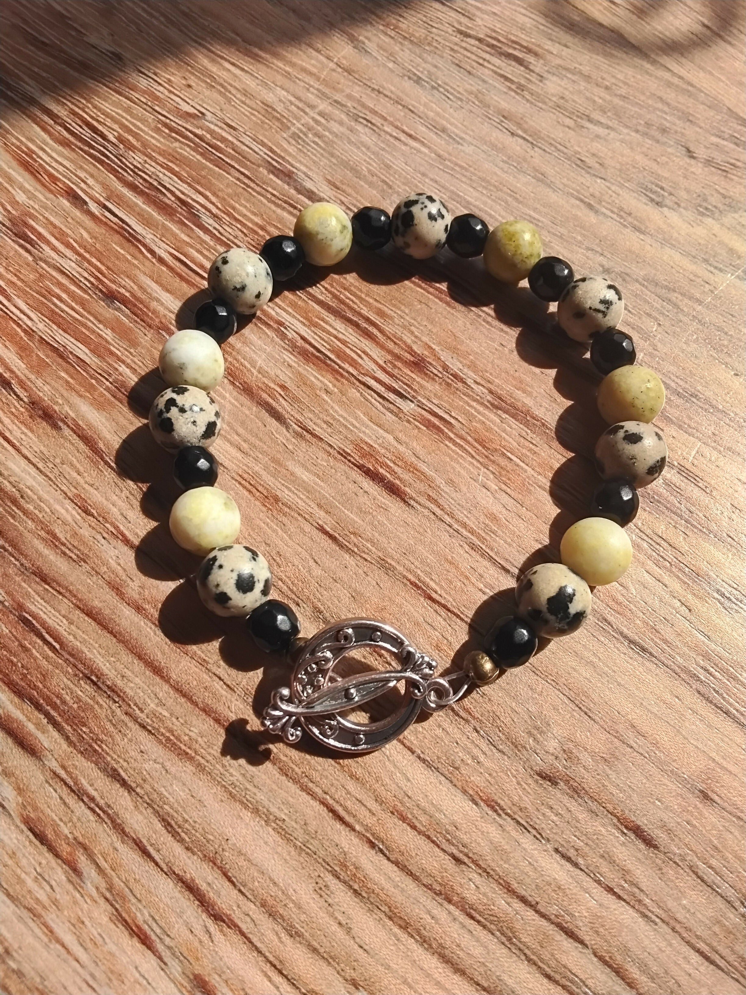 Tibetan Silver Toggle Catch Bracelet with Faceted Black Onyx, Dalmatian Jasper & Yellow Turquoise.