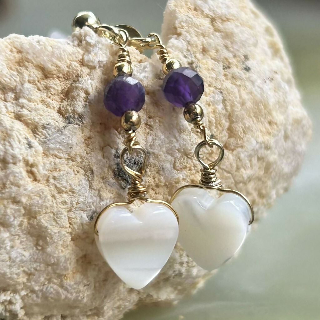 Handmade Gold Vermeil Mother Of Pearl And Amethyst Earrings