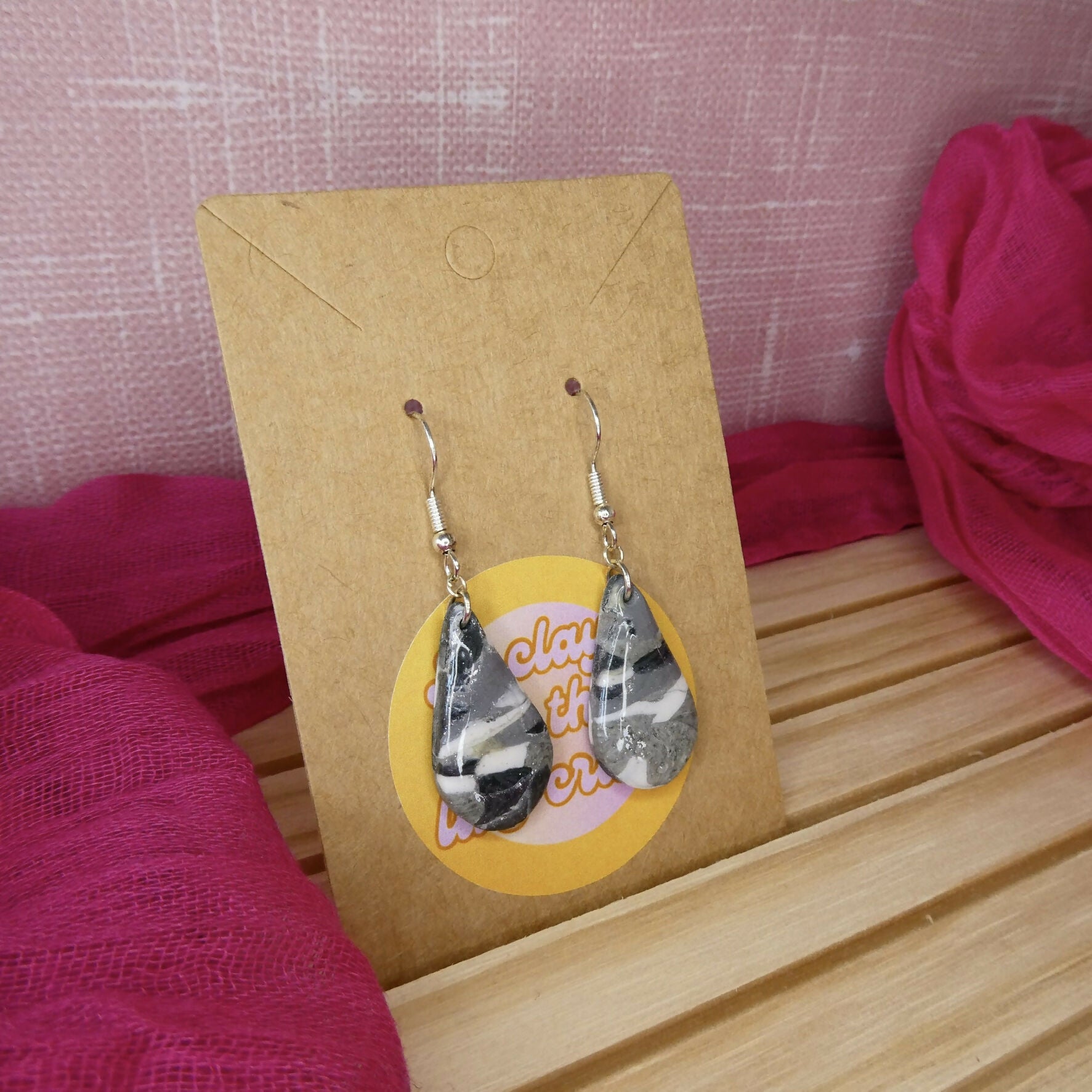 Grey Mosaic Dangle Polymer Clay Earrings