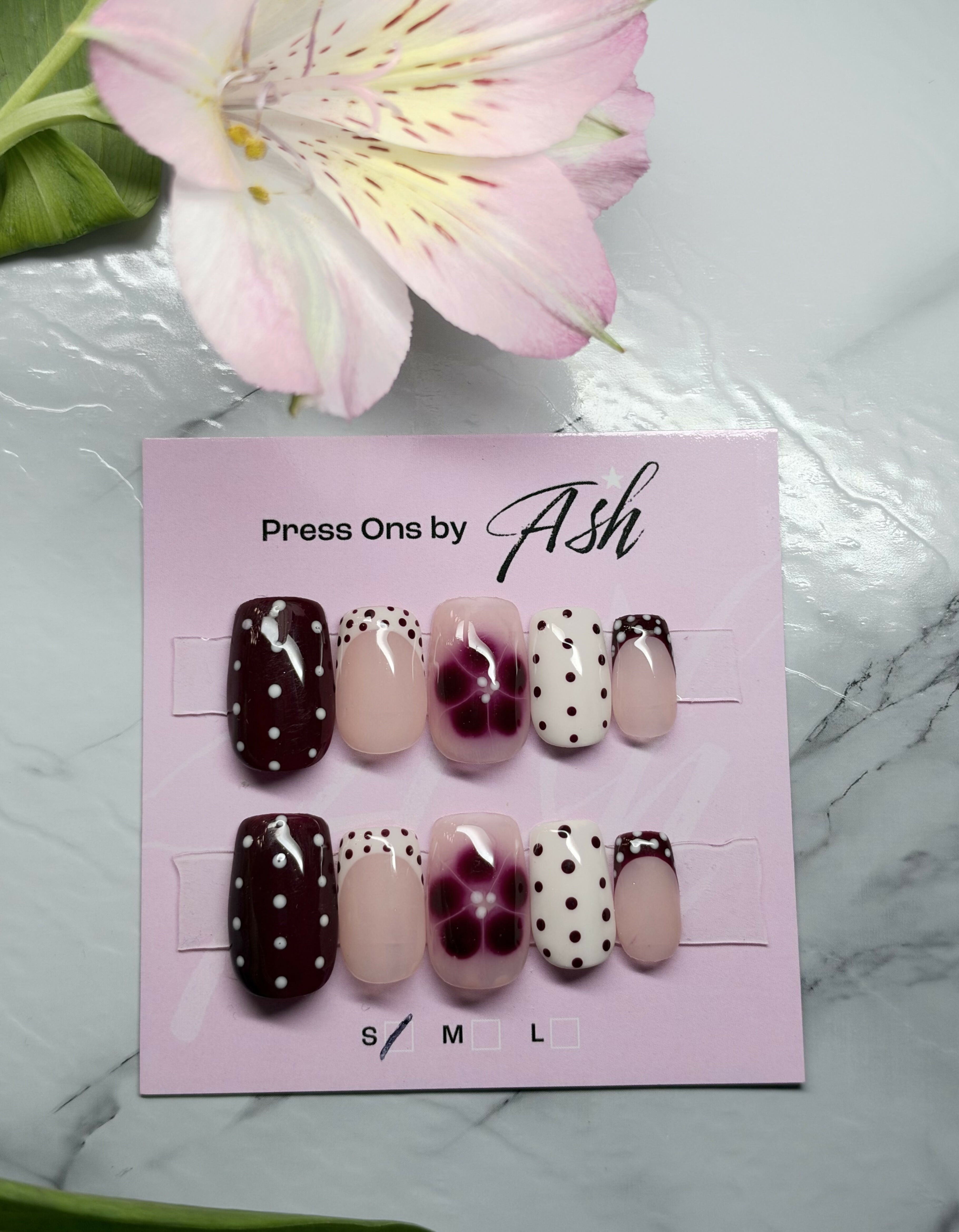 Reusable White And Brown Dotty French Tip With Flowers Handmade Press On Nails