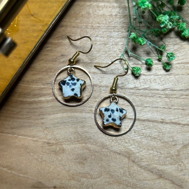 Lovely Gold Plated Dalmatian Jasper Star Earrings
