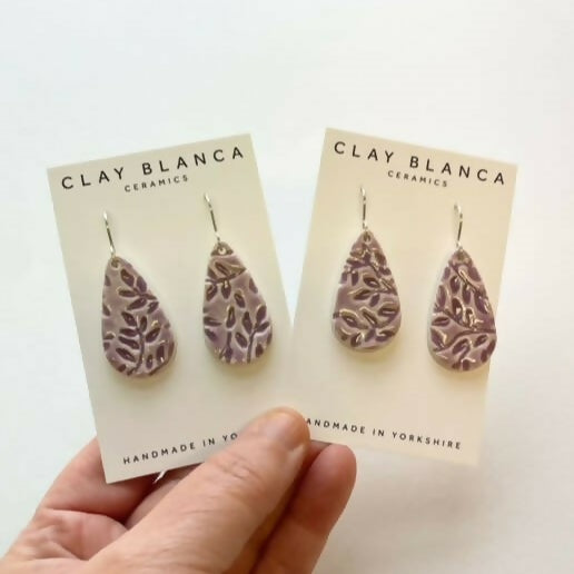 Lavender Leaf Pattern Teardrop Dangles