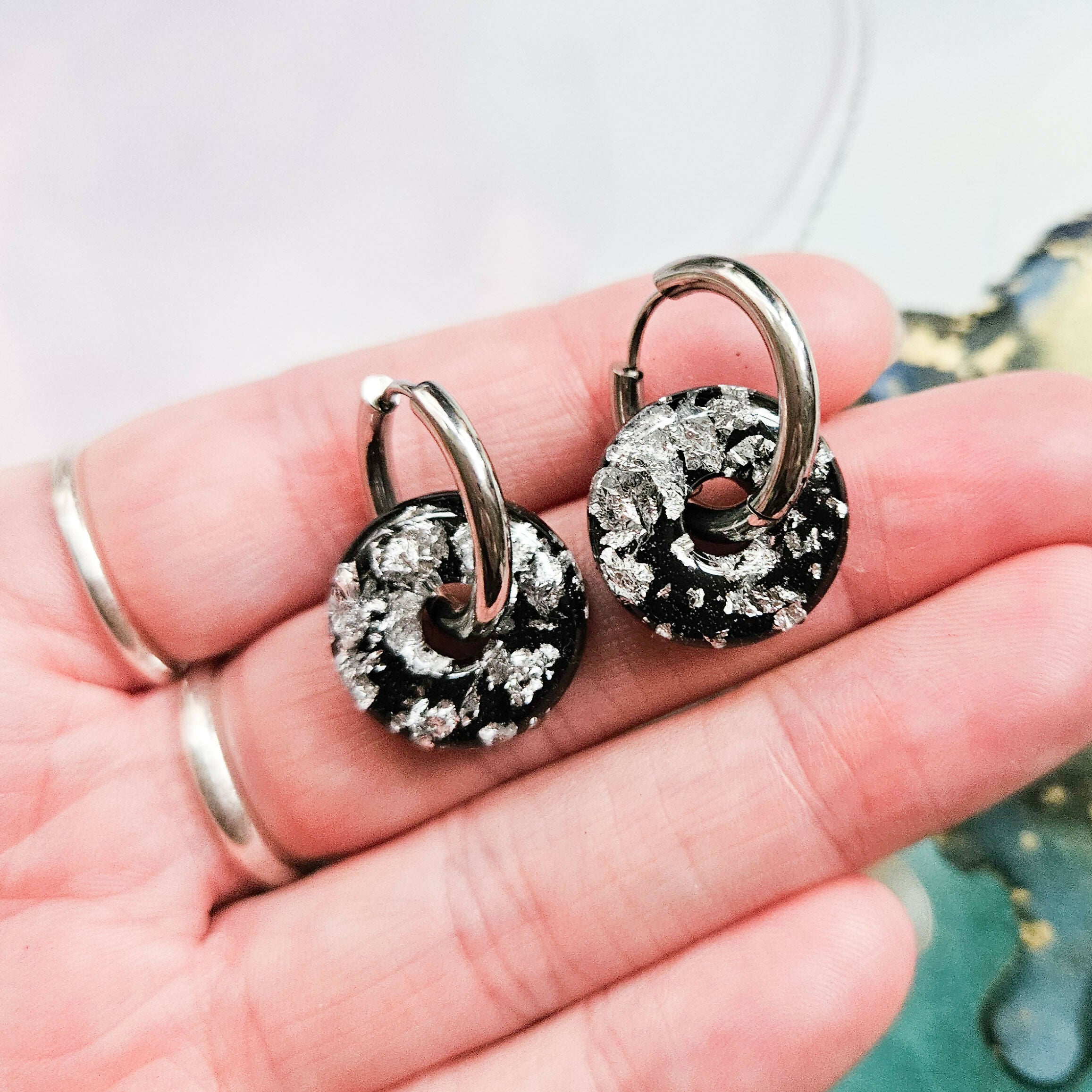 Handmade Black And Silver Medium Resin Circle Charm On Chunky Hoops