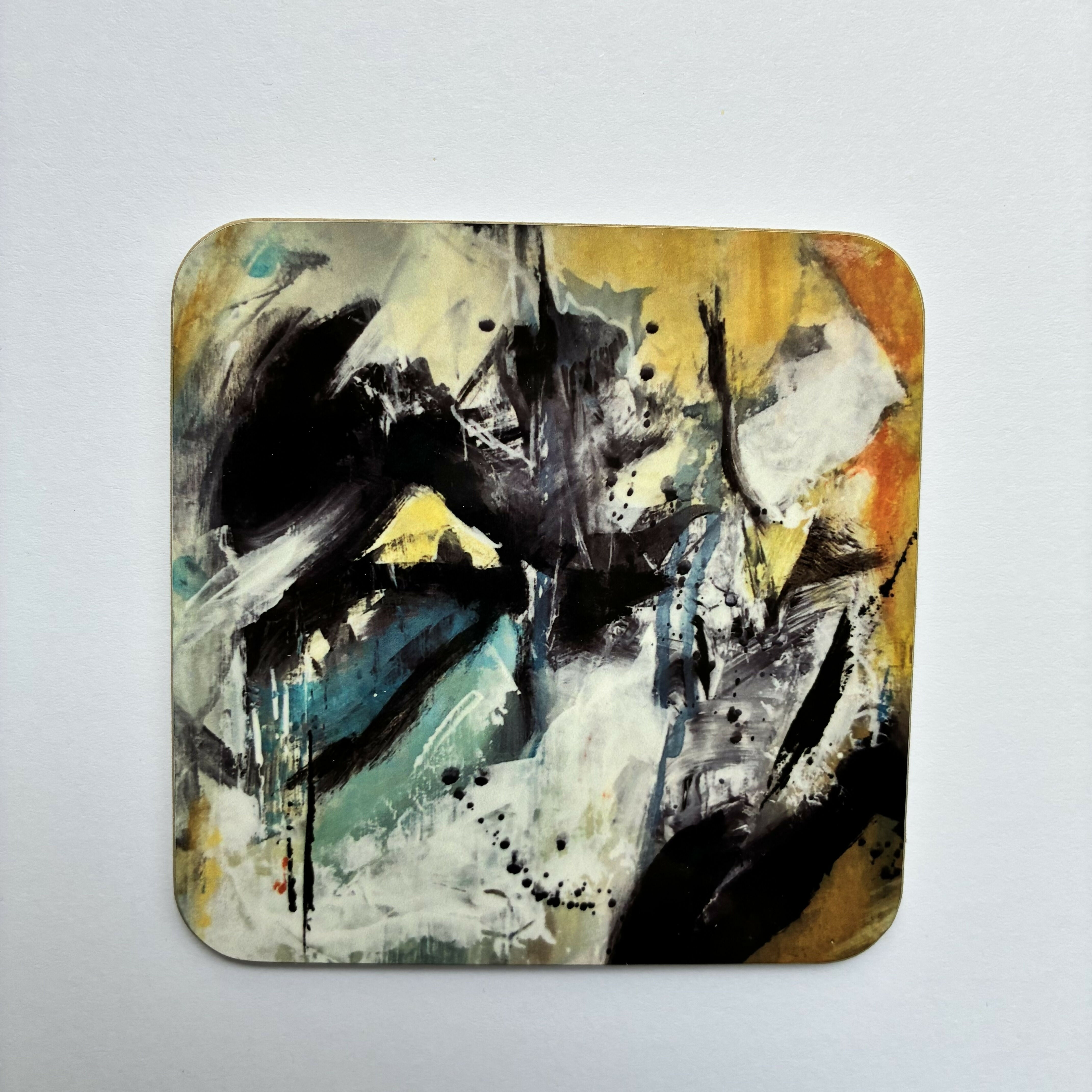 Coaster 9cm Square-Blue and Yellow Abstract Design