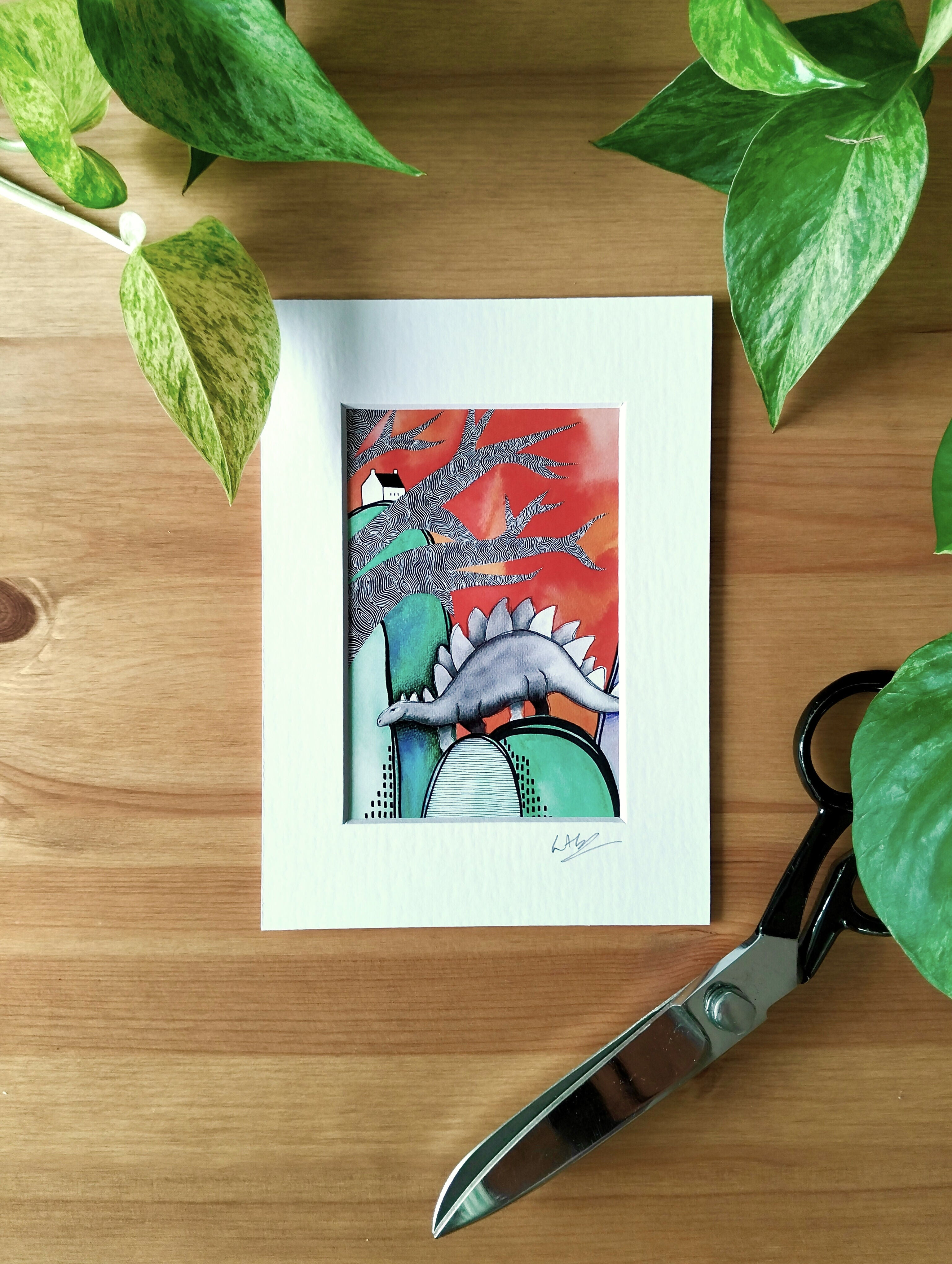 Signed Stegosaurus Watercolour Mini Art Print | Abstract Landscape
