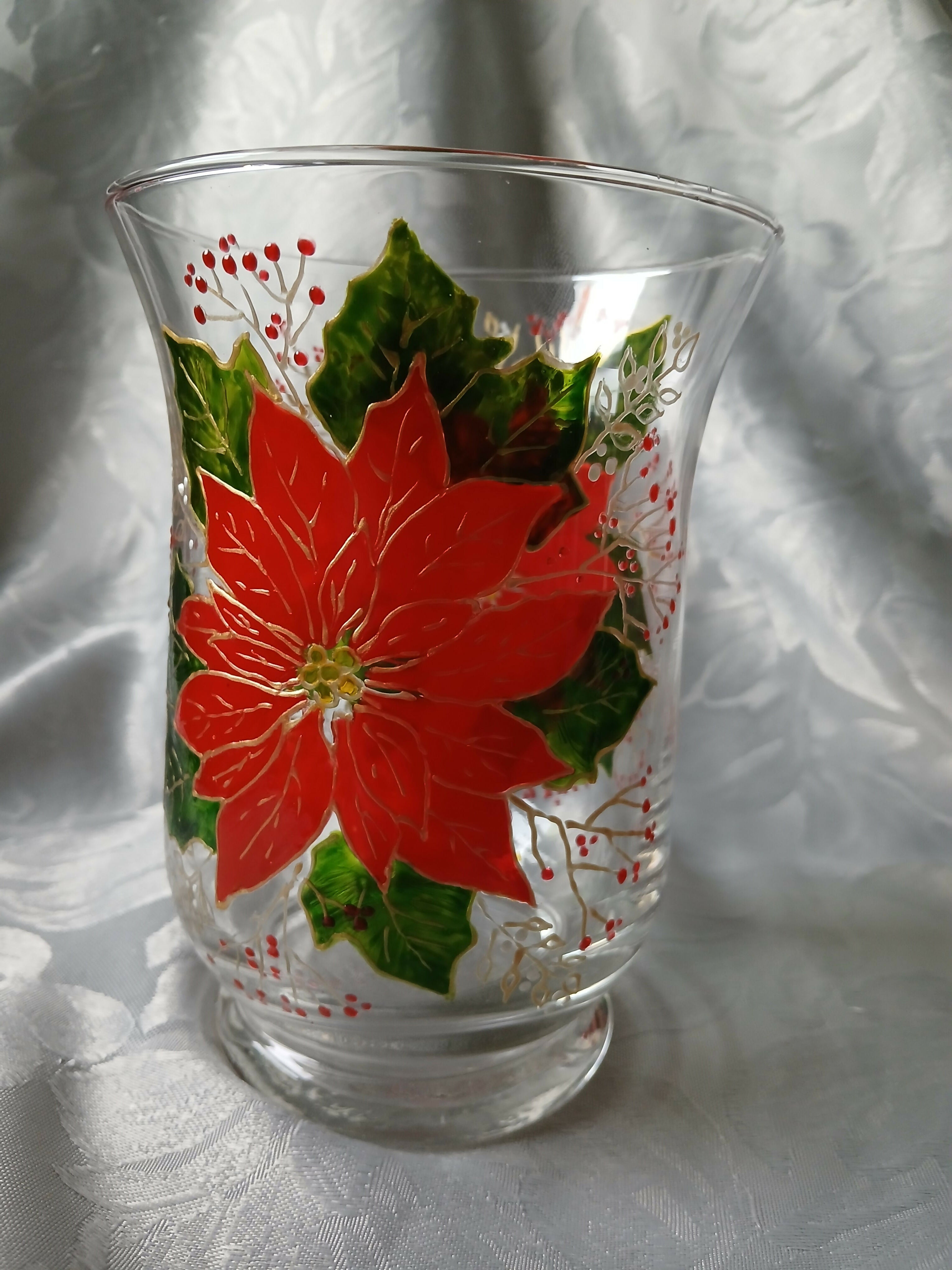 Hurricane Vase/Candle Holder - Poinsettia and Holly