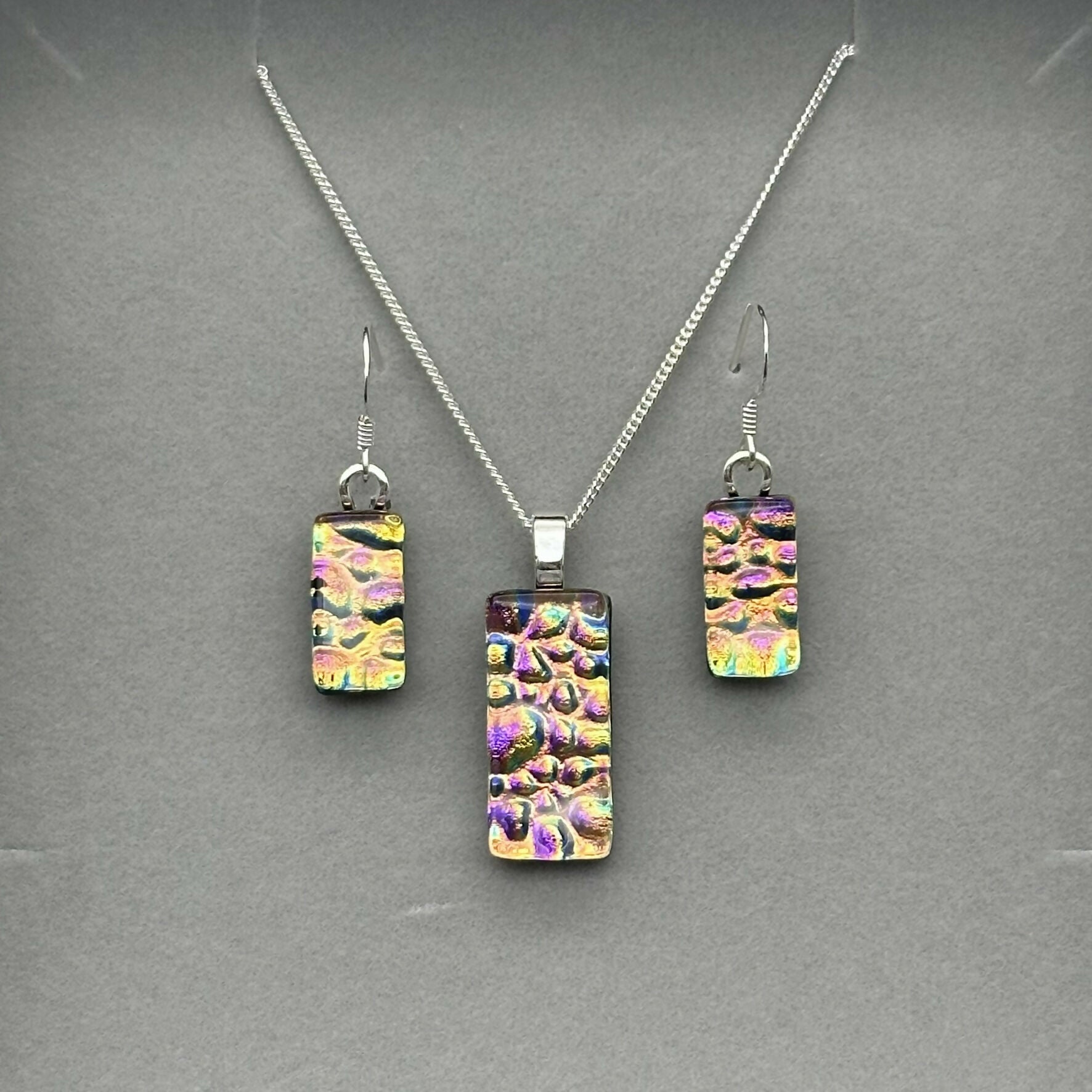 Pink & Orange Raindrop Dichroic Glass Necklace and Earrings Set - Sterling Silver, Handmade by Jade Tapson Glass