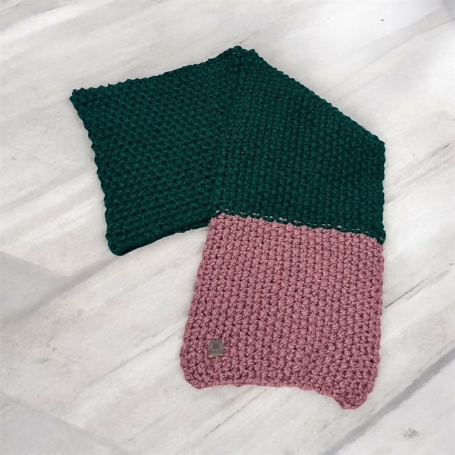 EXTRA LARGE CHUNKY 2-COLOUR SCARF - BOTTLE GREEN & MAUVE