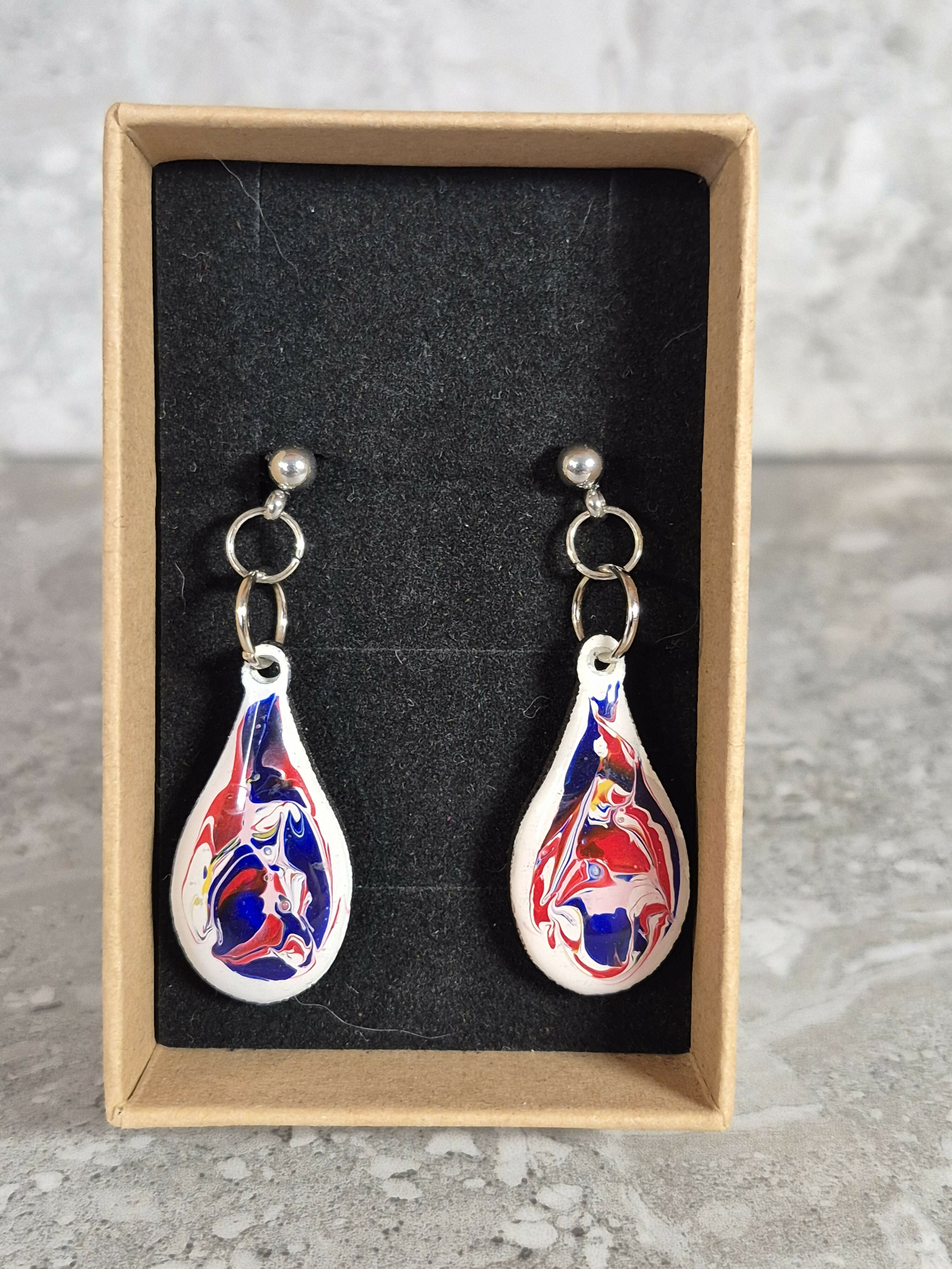 Handcrafted Teardrop Shaped Red, White And Blue Earrings