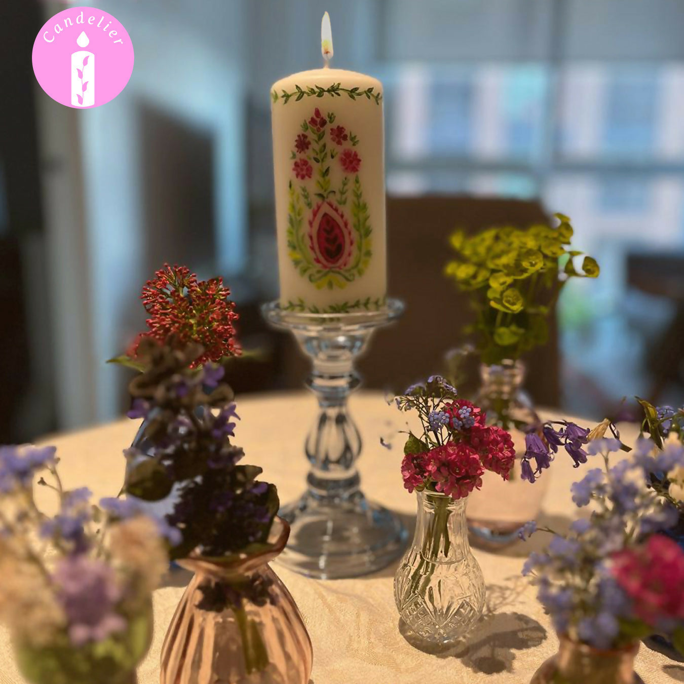 White Candle with Floral Design