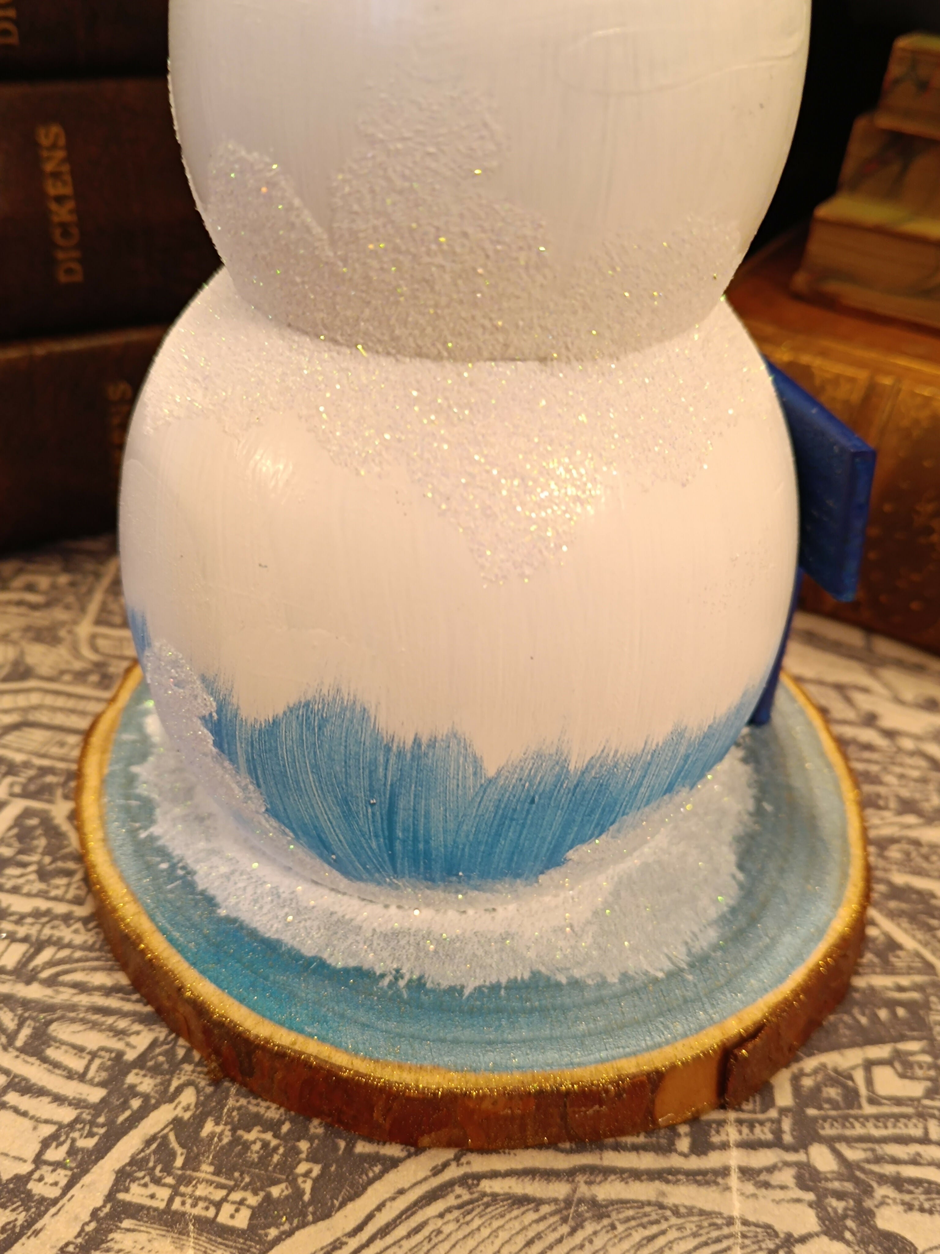 Handcrafted Whimsical Glitter Snowman Figurine with "I'm Just A Fool For Yule" Wooden Sign