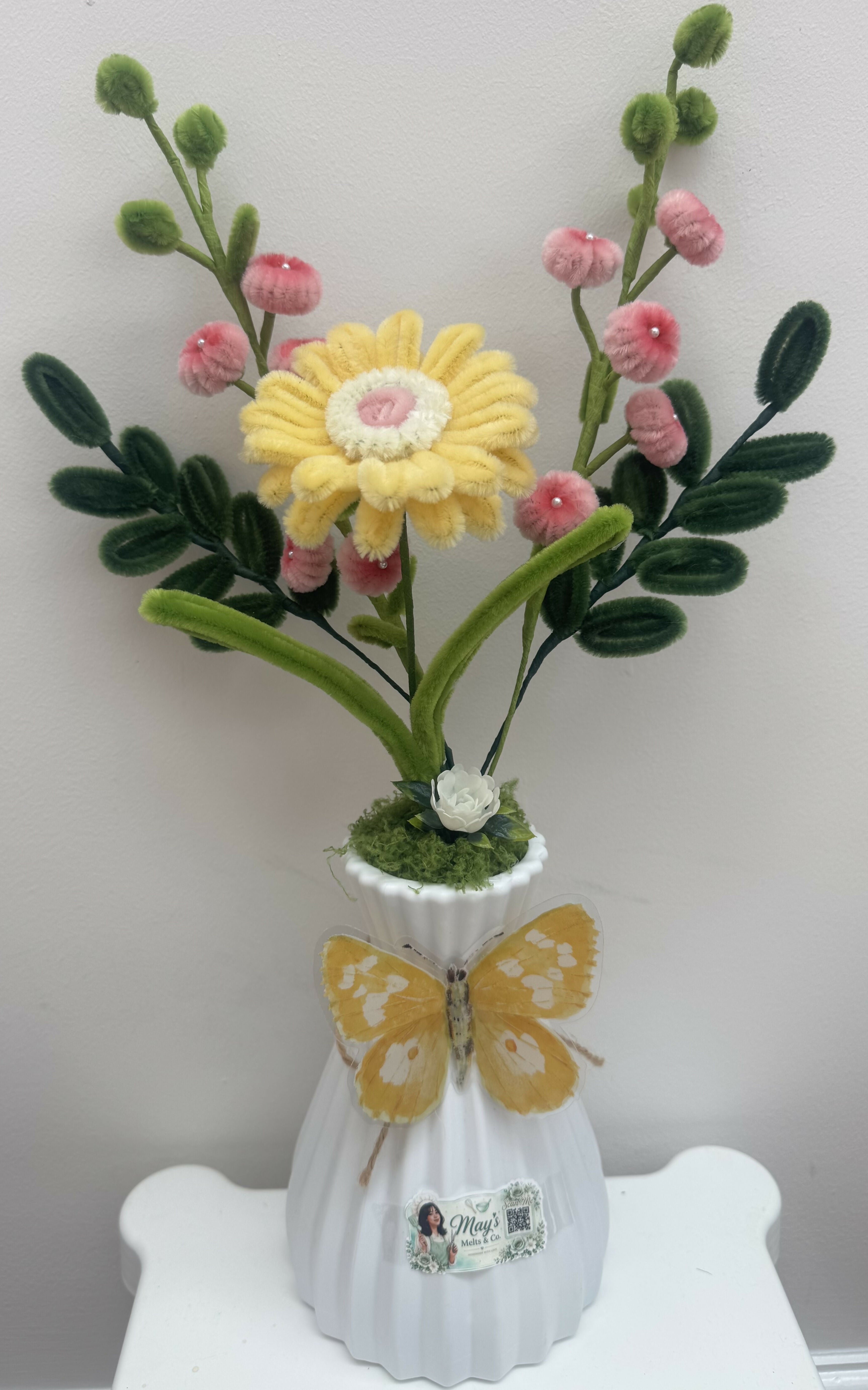 Handmade Chenille Gerbera Vase Arrangement – White Vase