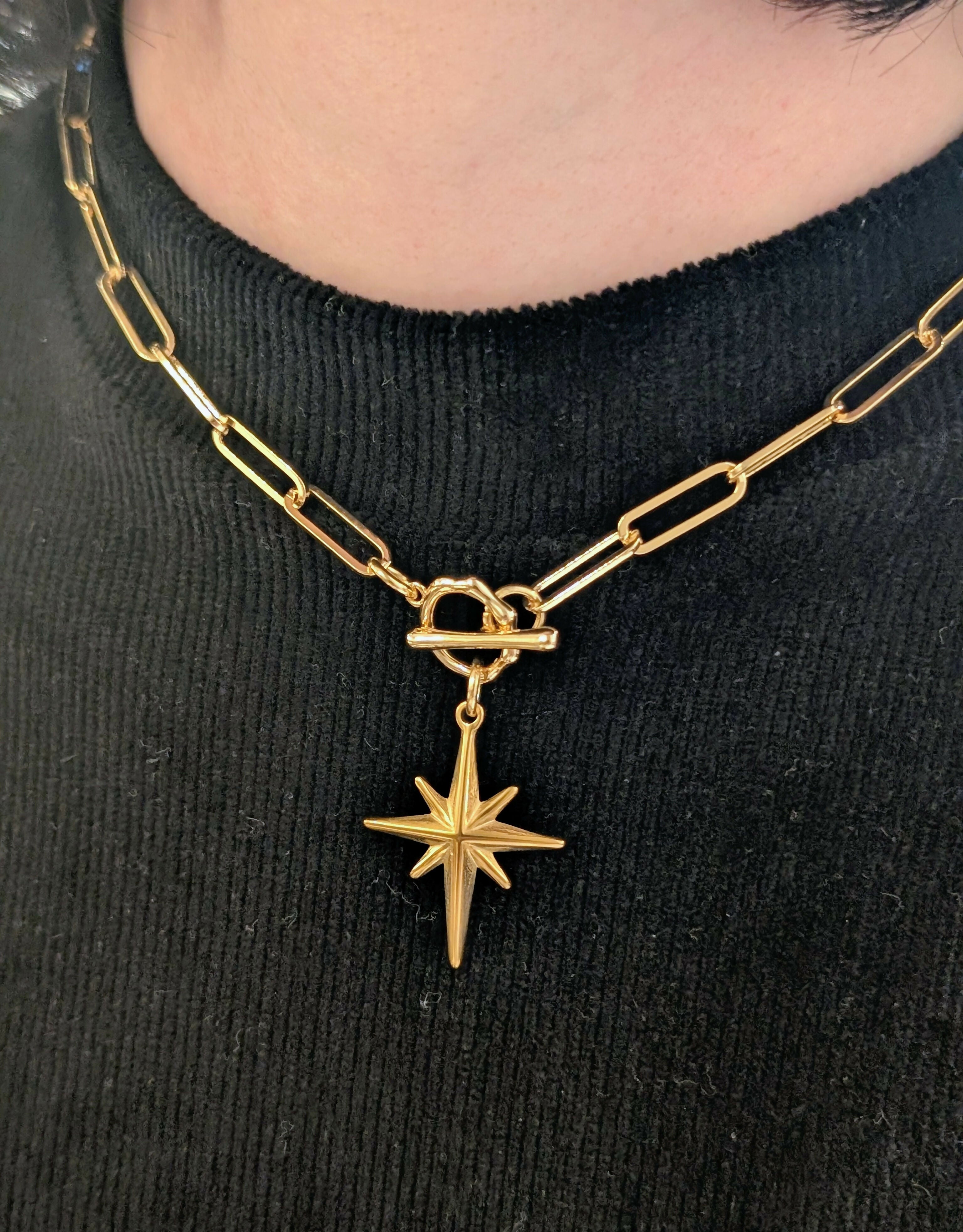 Gold North Star Toggle Necklace on Paperclip Gold Plated Chain
