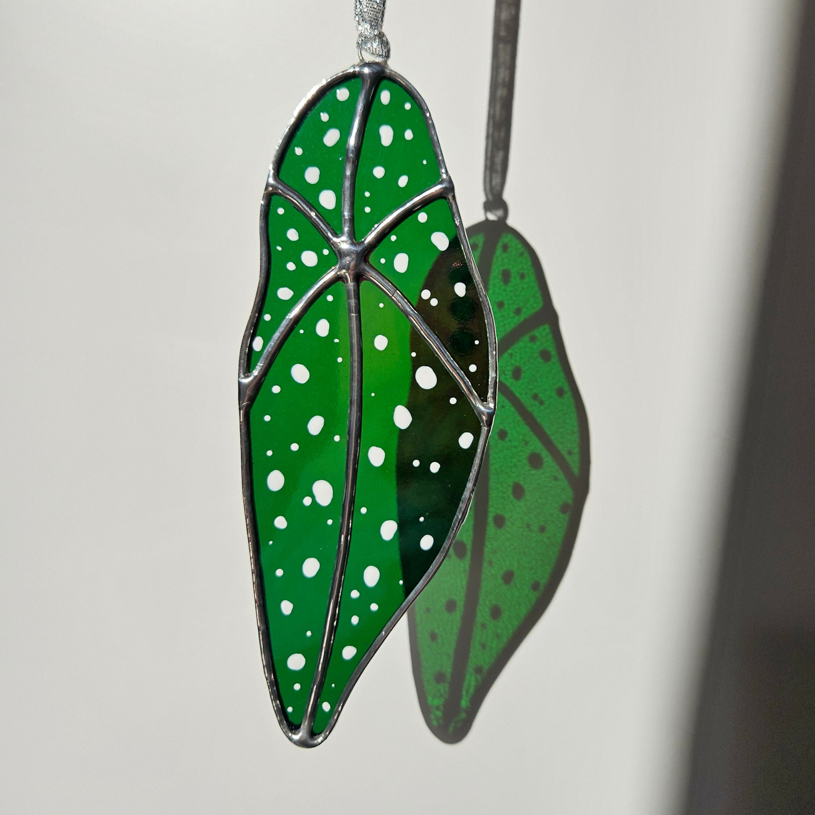 Rainbow Iridescent Green Spotted Begonia Leaf Stained Glass Suncatcher