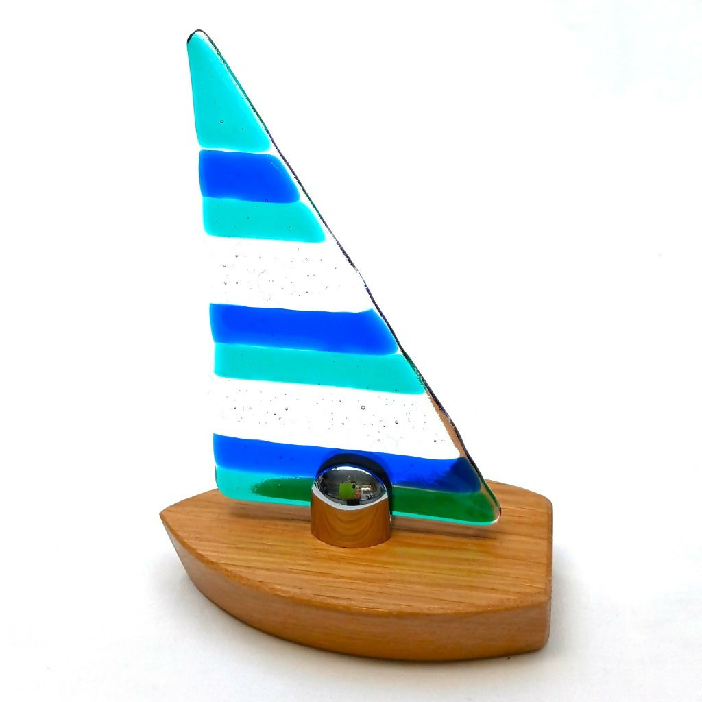 Turquoise Blue/Caribbean Blue Fused Glass Sailing Boat on Solid Oak Base (Small)