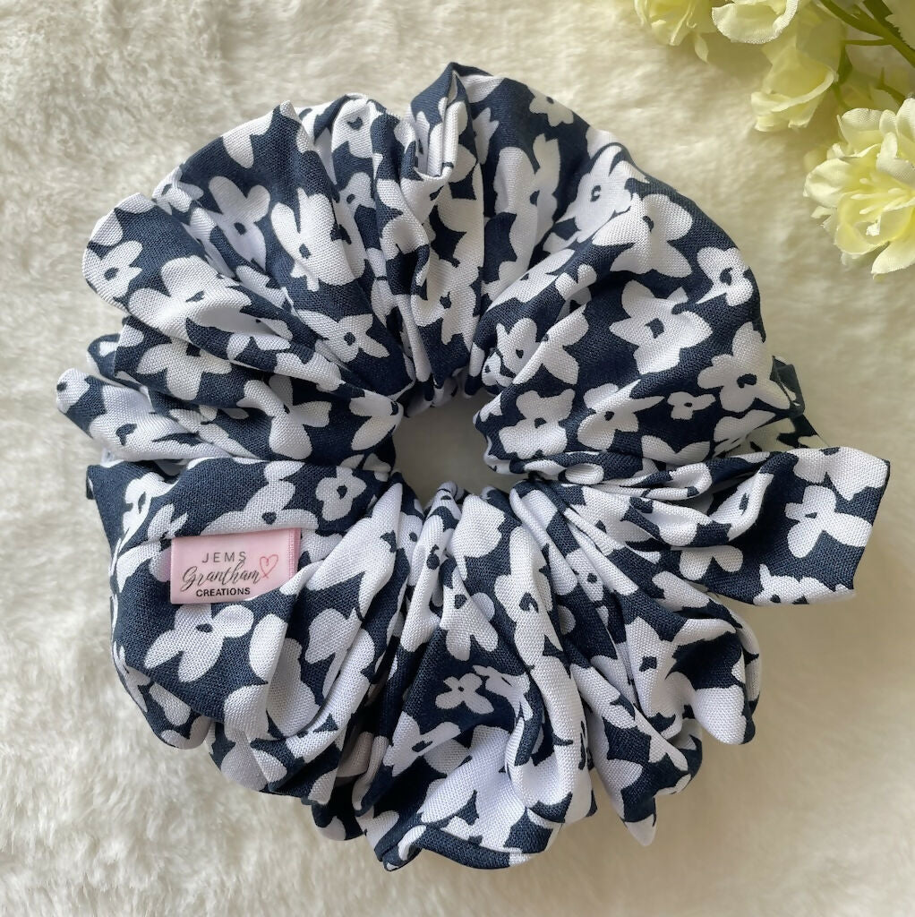 Handmade Scrunchie Navy Blue Cotton white flower print