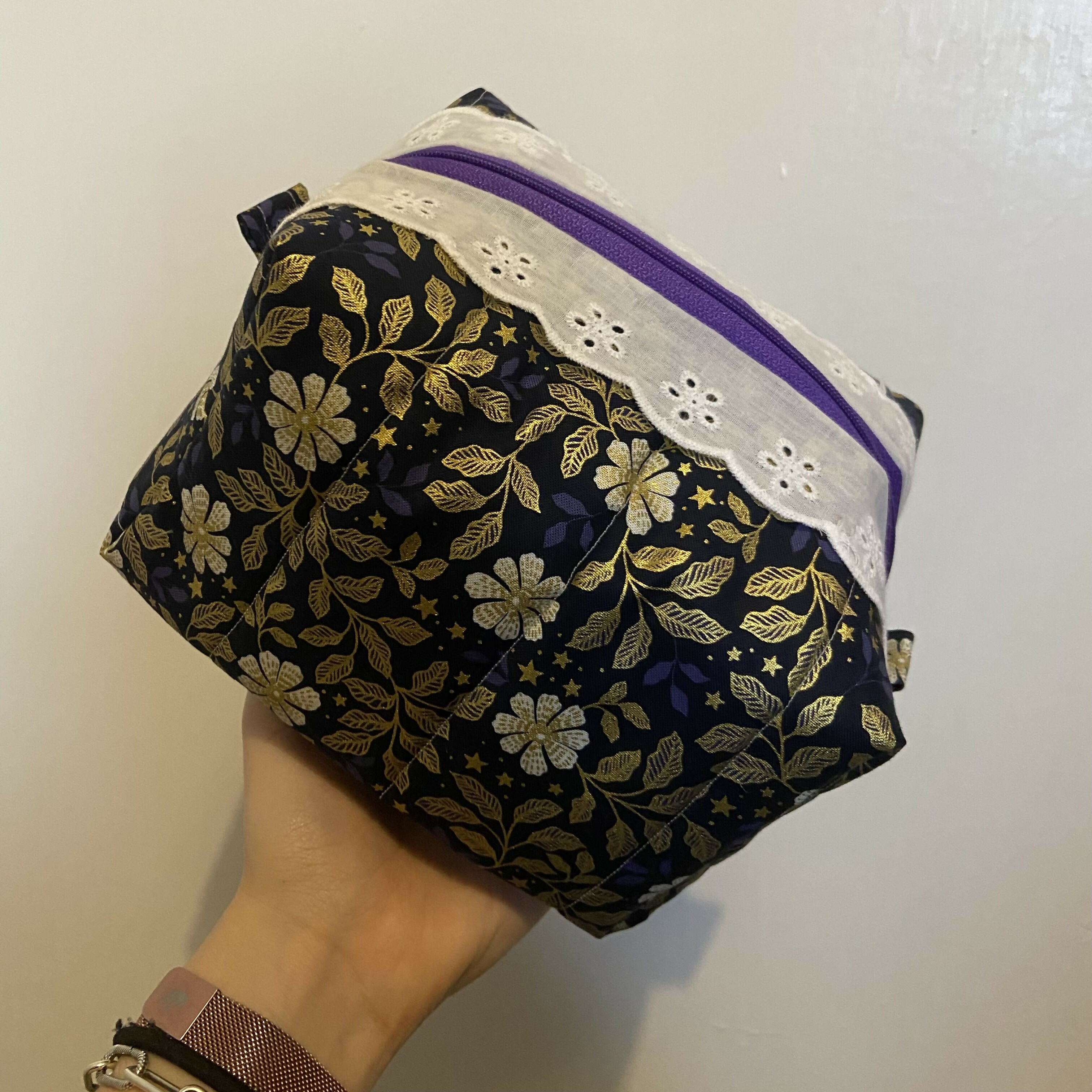 Dark Gold Floral Boxy Cosmetics Bag