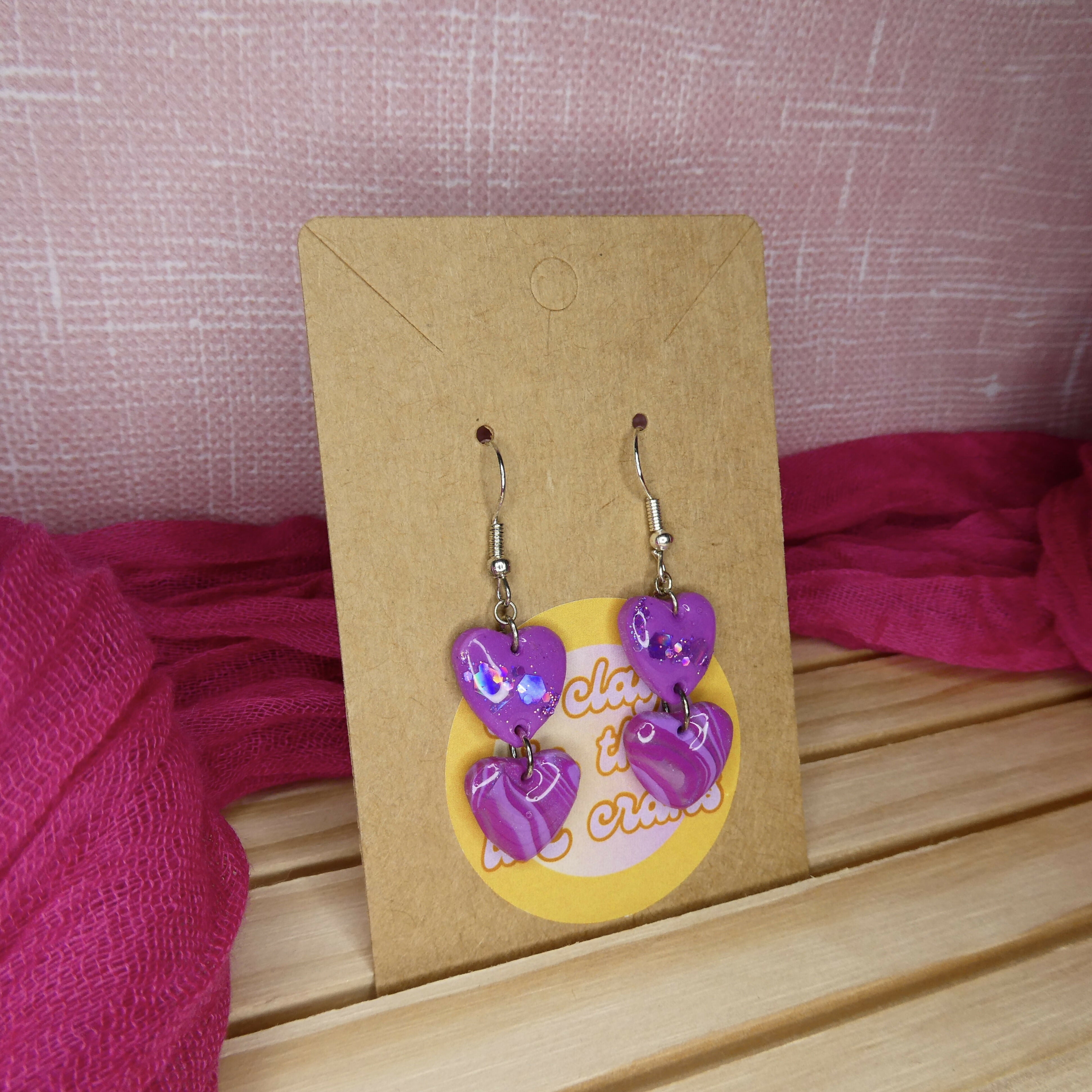 Pink Glitter Dangle Heart Polymer Clay Earrings