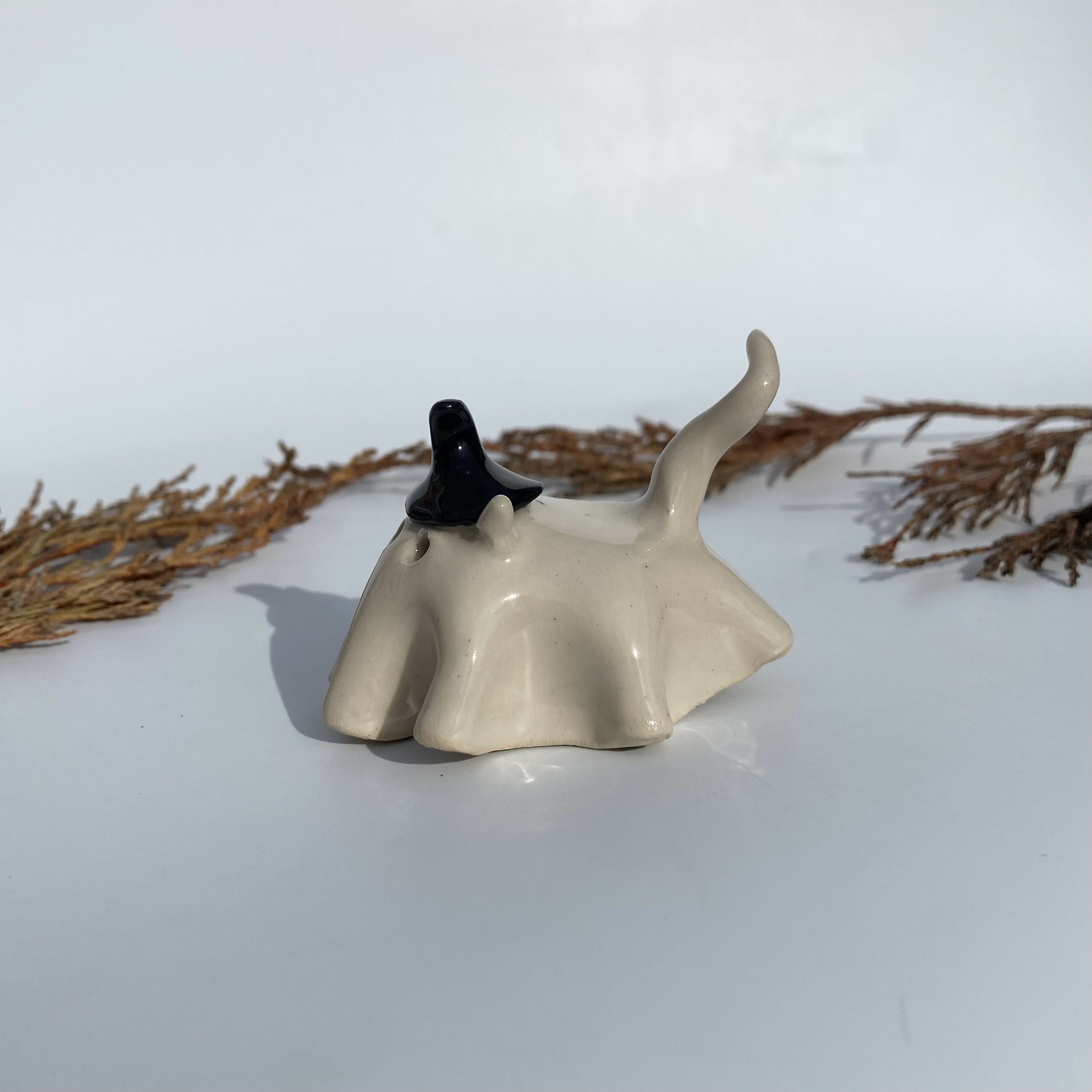 Handmade Ceramic Cat Ghost With Witches Hat