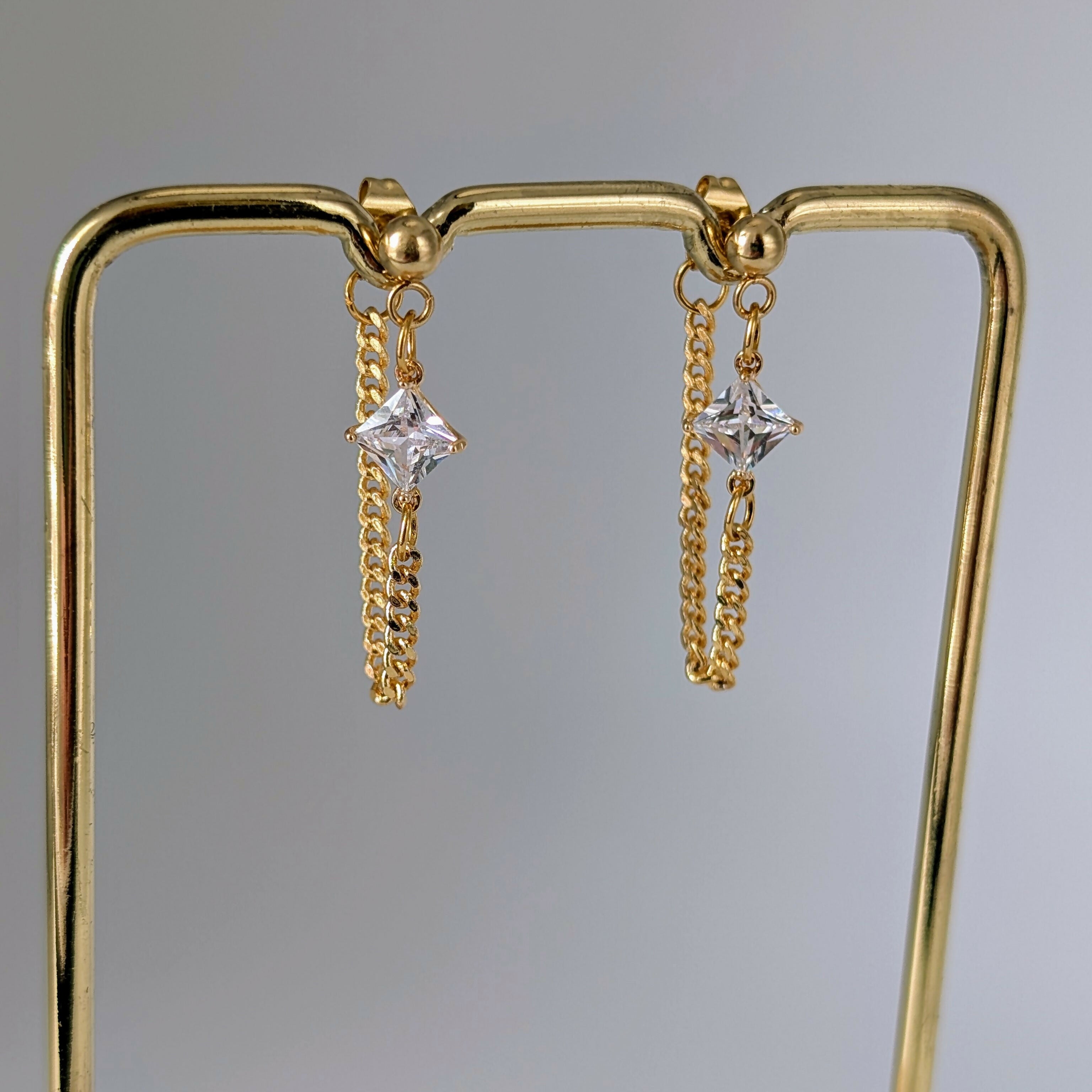 Clear Crystal Zirconia Chain Earrrings on Gold Plated Ball Stud