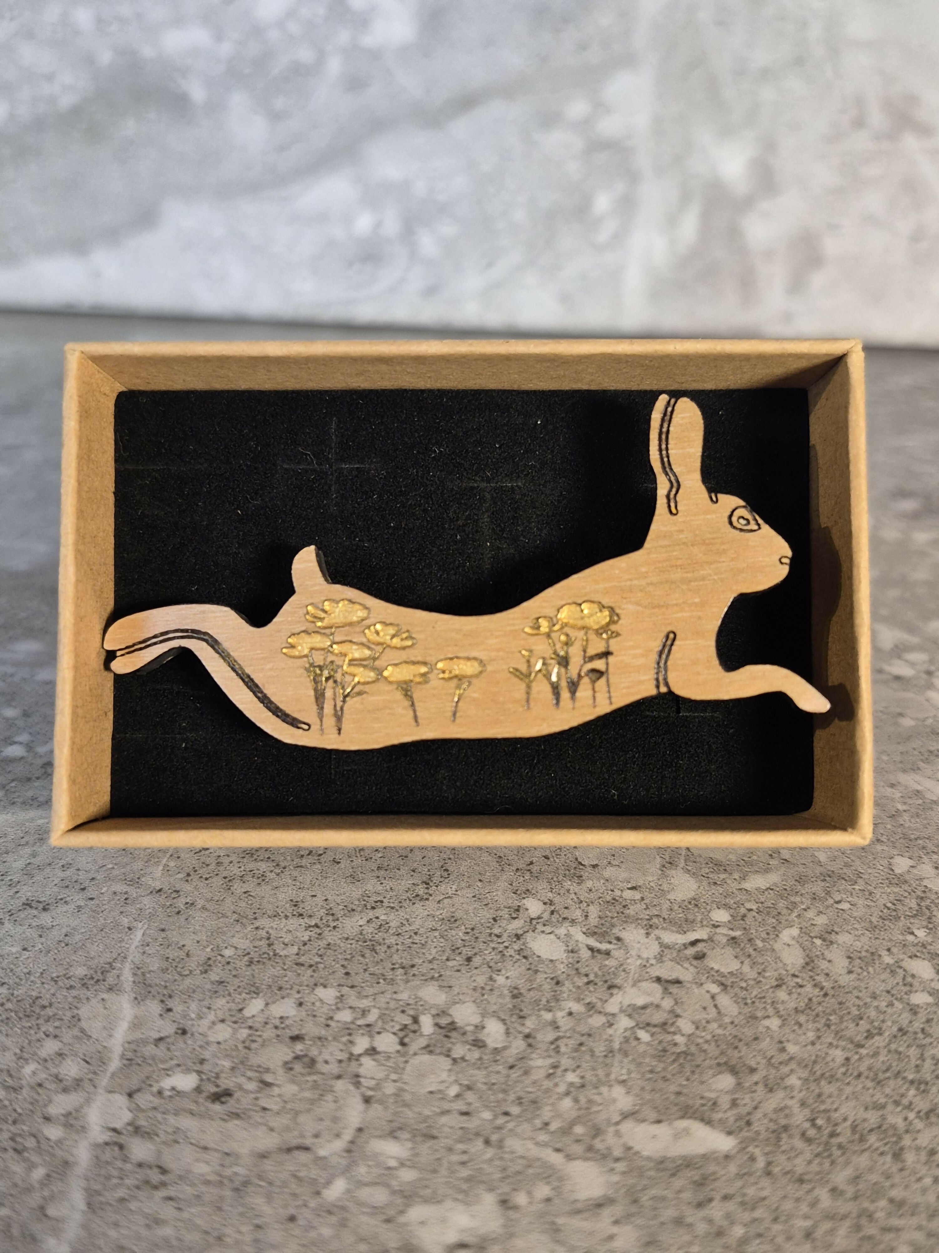 Handcrafted Cherry Veneered Leaping Hare Pin