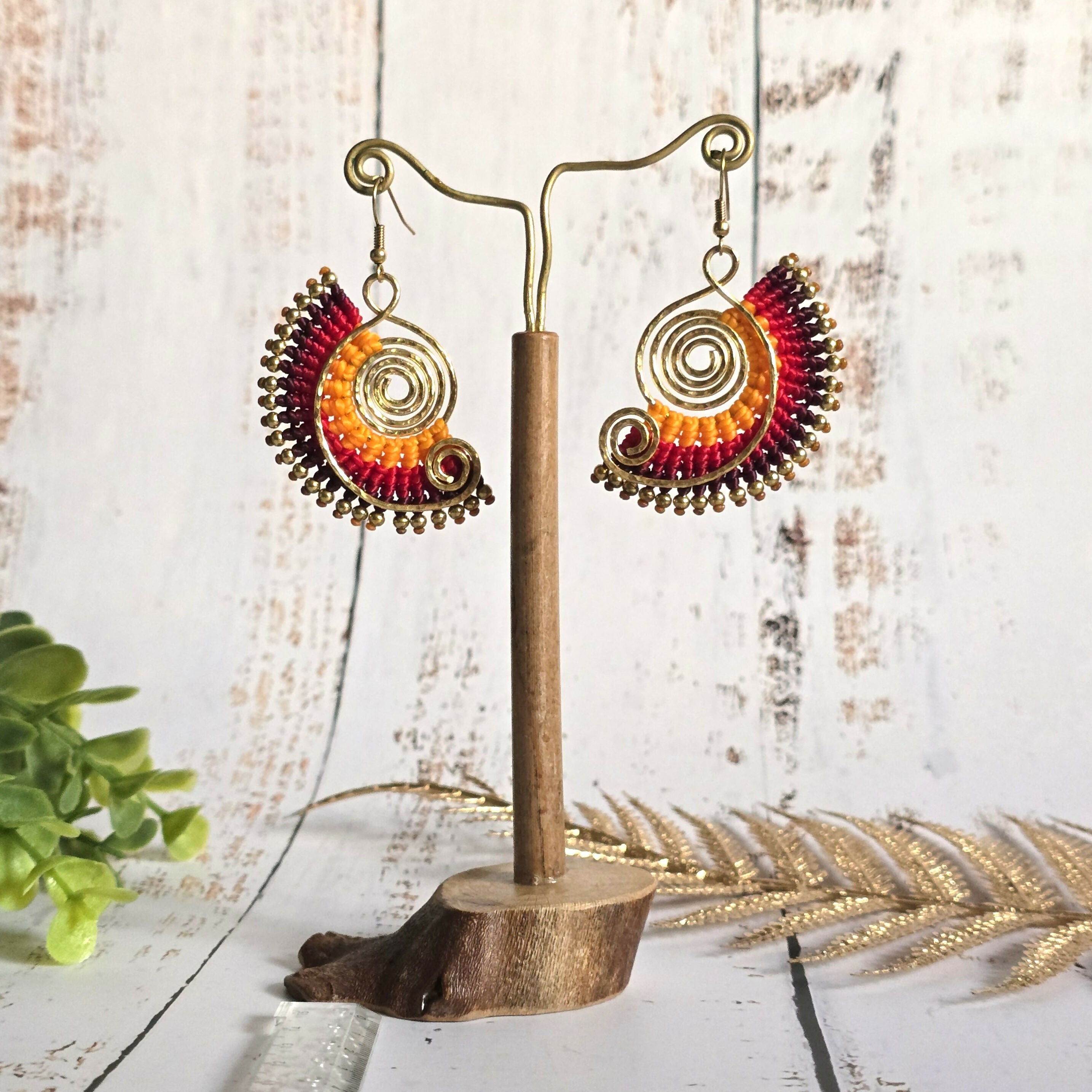 Sunset Macrame Earrings; Golden Spiral Knotted Cord Boho Red Orange Yellow Earrings
