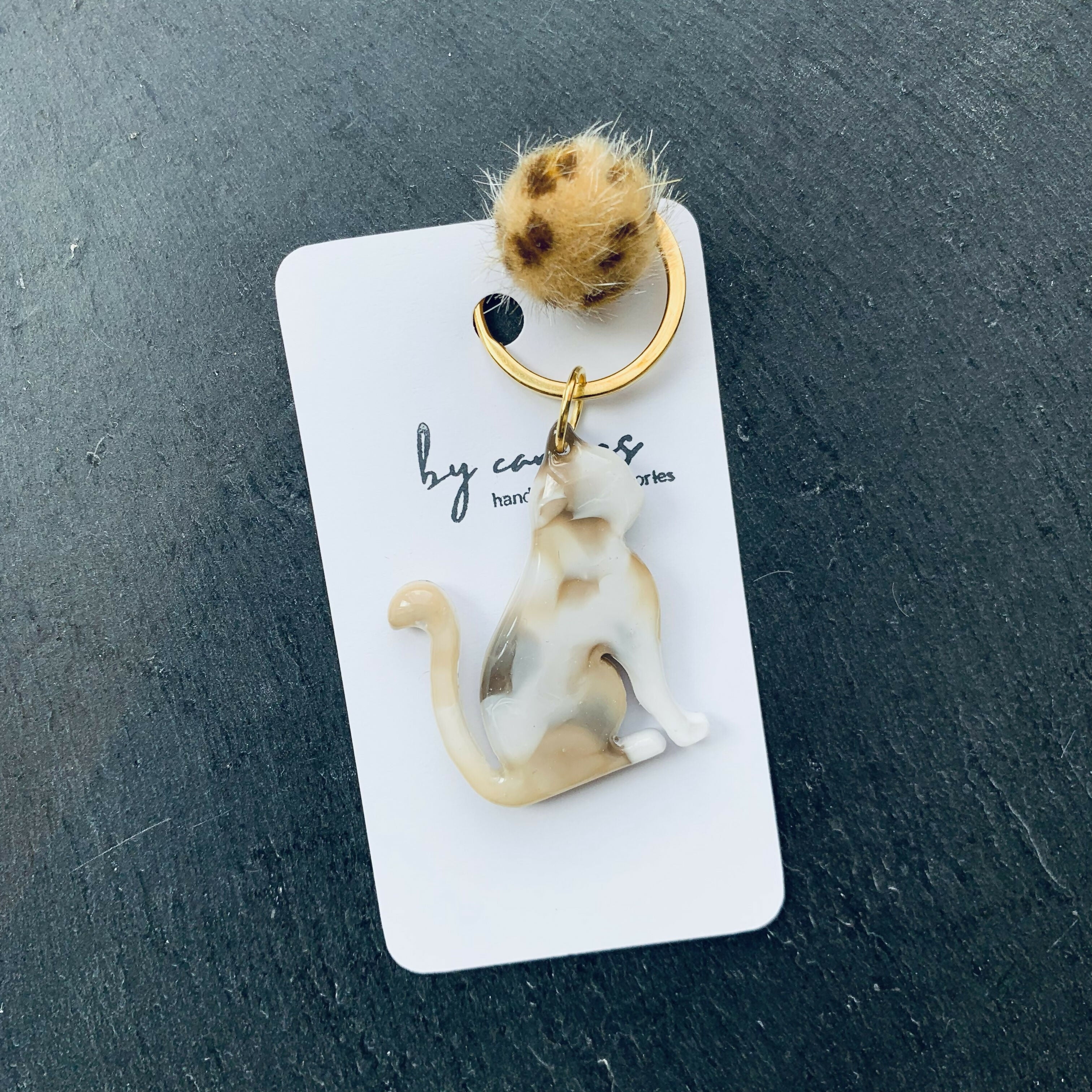 Handcrafted Resin Cat Keyring, Bag Charm with Pom Pom
