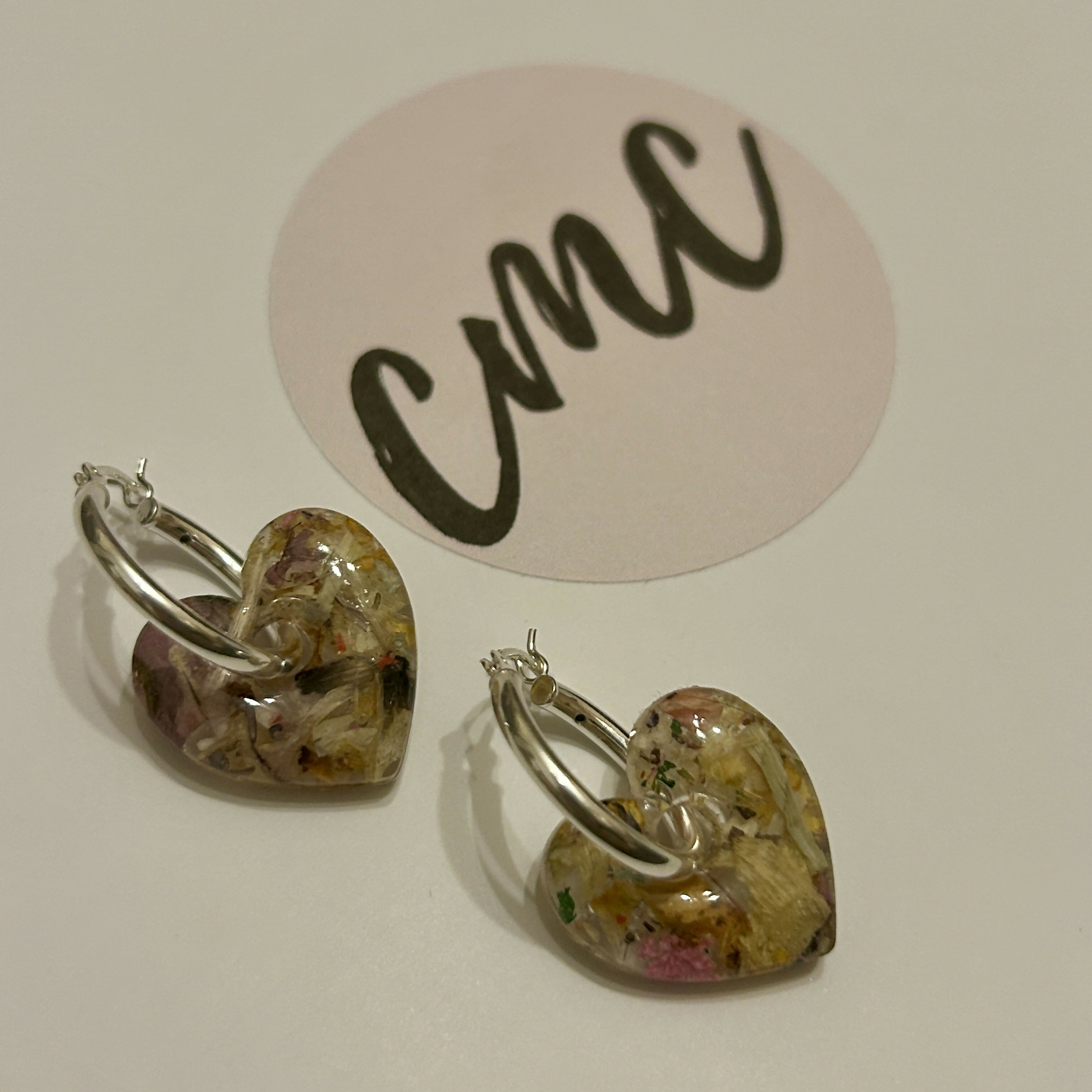 Crushed Rose and Lily Flower Heart Hoop Earrings